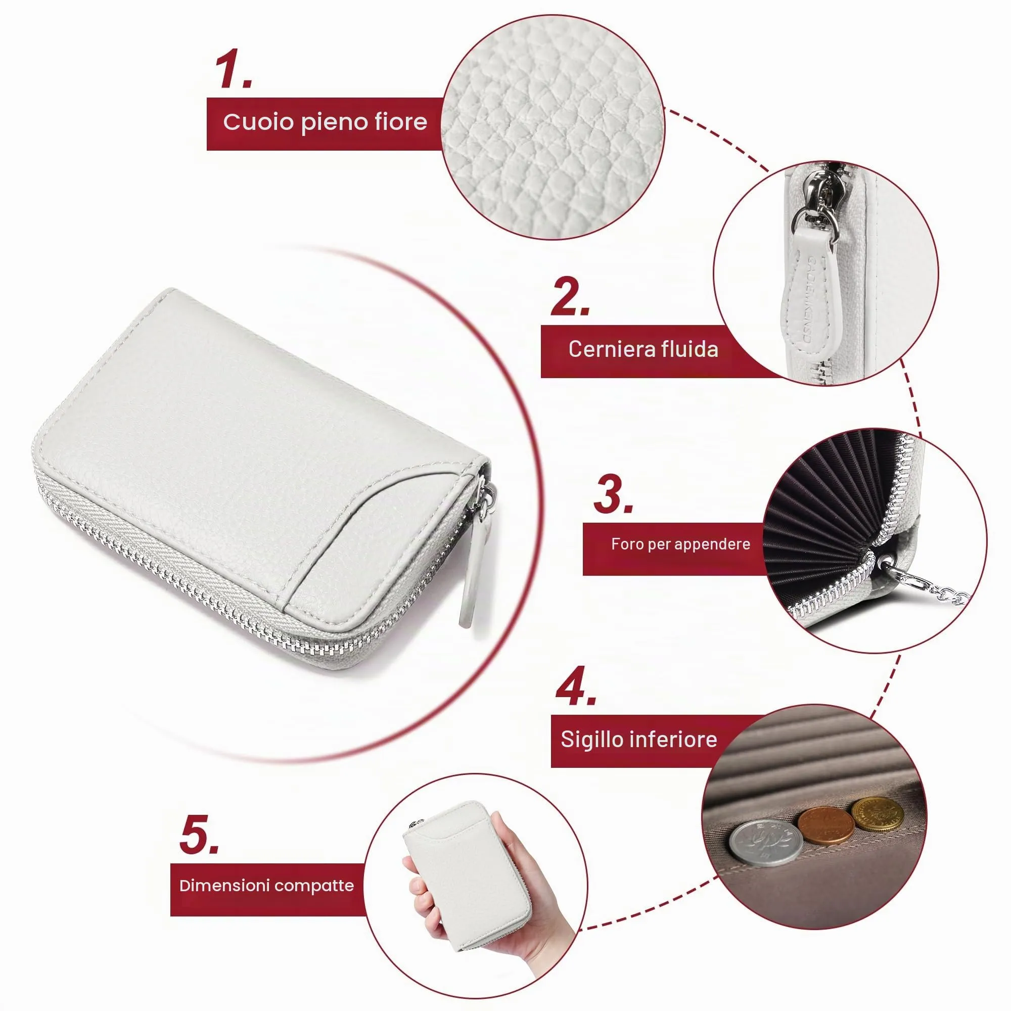 GADIEMKENSD Women Credit Card Holders Small Rfid Wallet Zipper for Travel Leather Accordion Wallets Inserts Case Business Cards Organizer id Compact Credit Card Slots Cash Slots White - immagine 5