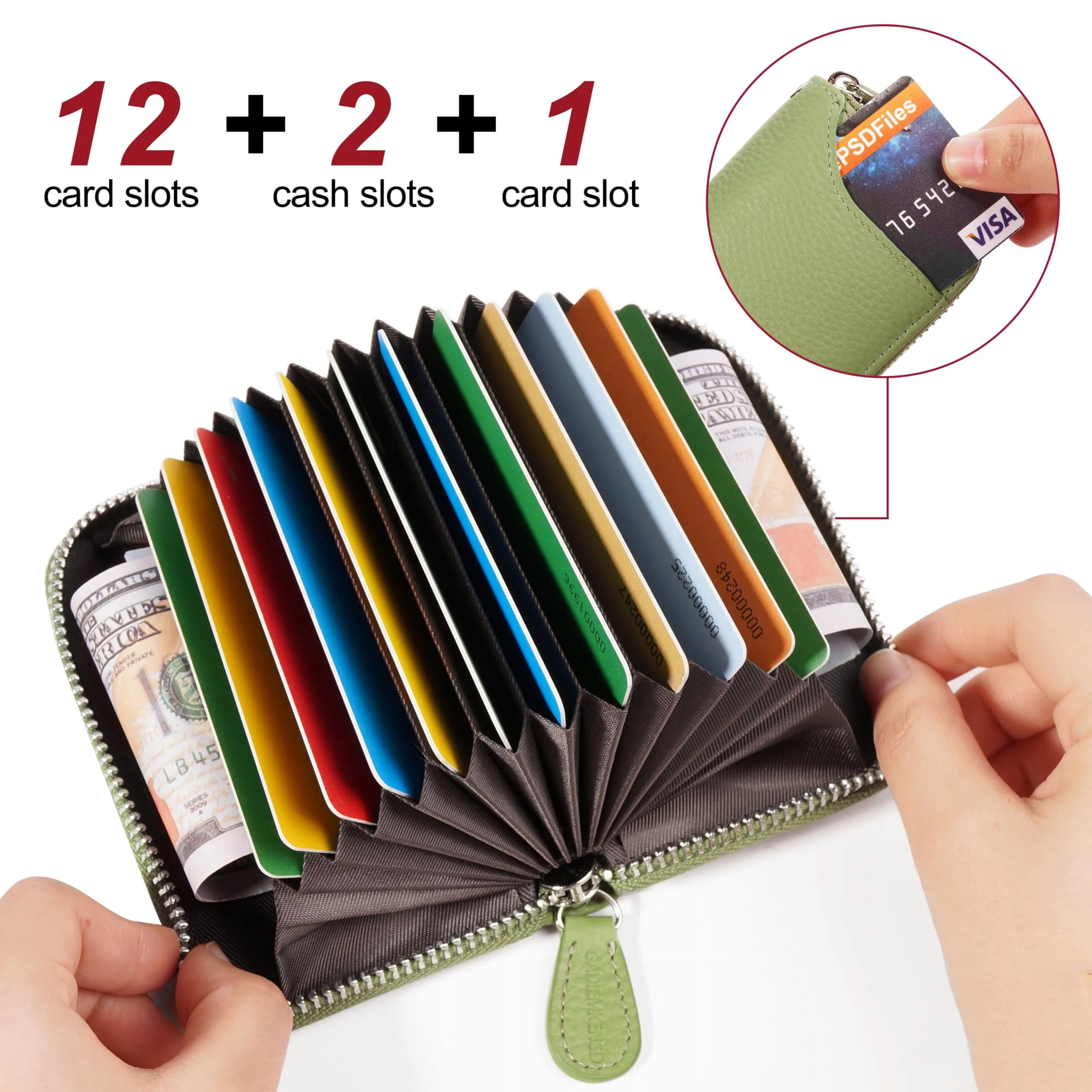 GADIEMKENSD Women Credit Card Holder Small Rfid Wallet Zipper for Travel Leather Accordion Wallets Inserts Case Photo Business Cards Organizer Cute Compact Credit Card Slot Cash Slots Light Green - immagine 2