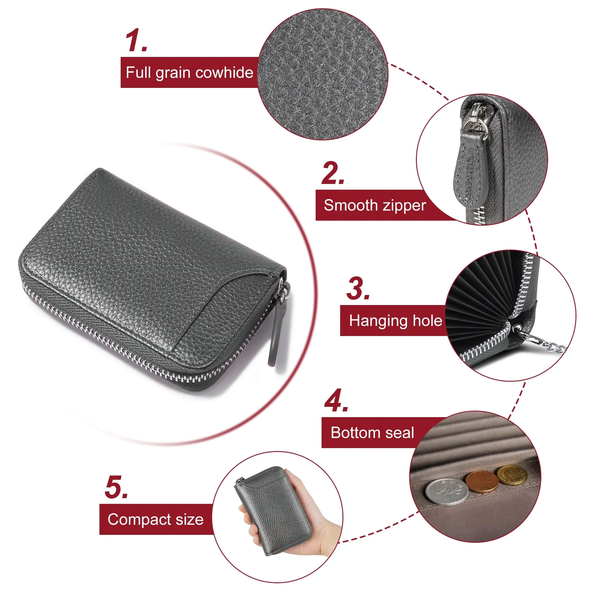 GADIEMKENSD Women Credit Card Holder Small Rfid Wallet Zipper for Travel Leather Accordion Wallets Inserts Case Photo Business Cards Organizer Cute Compact Credit Card Slot Cash Slots Dark Gray - immagine 5