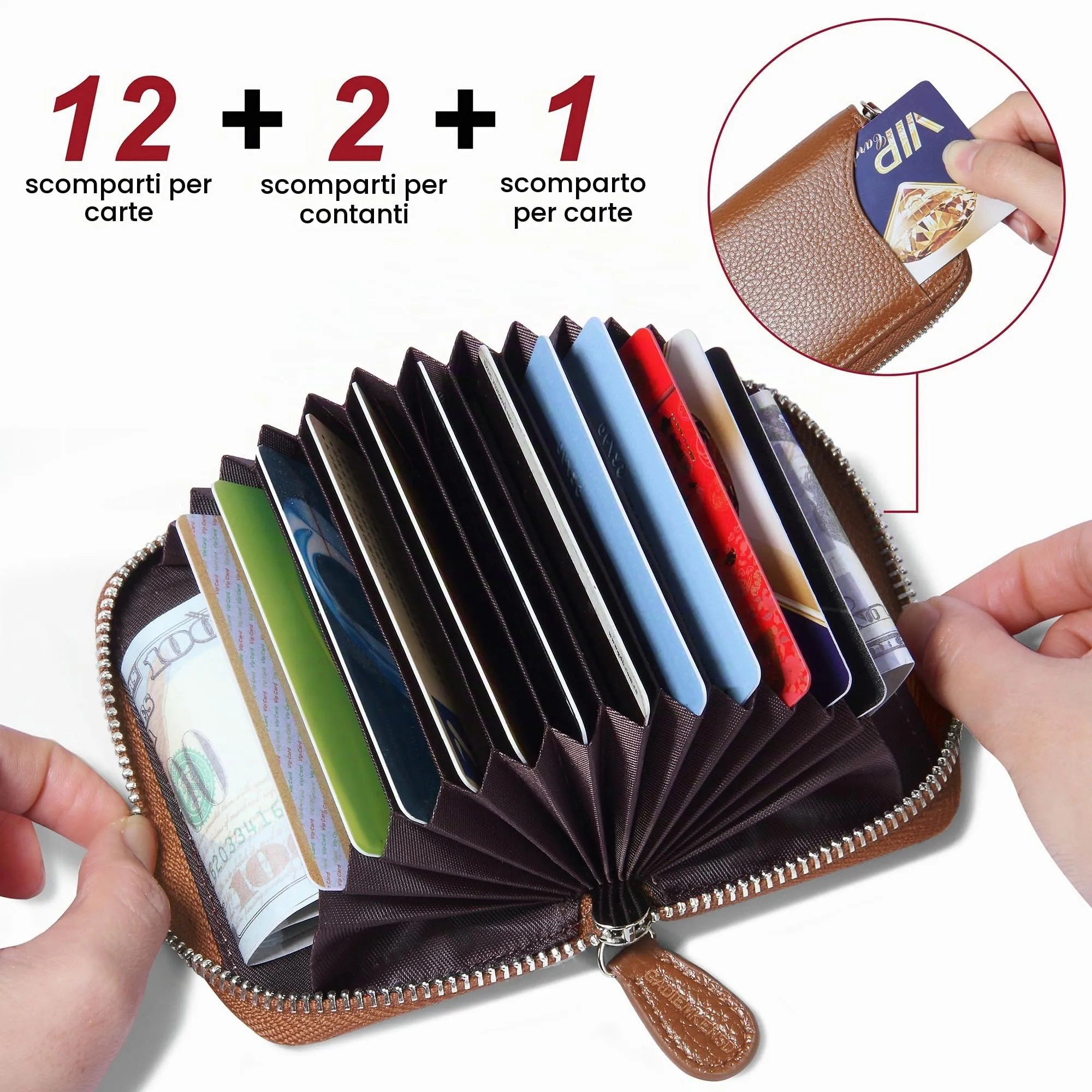 GADIEMKENSD Women Credit Card Holder Small Rfid Wallet Zipper for Travel Leather Accordion Wallets Inserts Case Photo Business Cards Organizer Cute Compact Credit Card Slot Cash Slots Tan - immagine 2