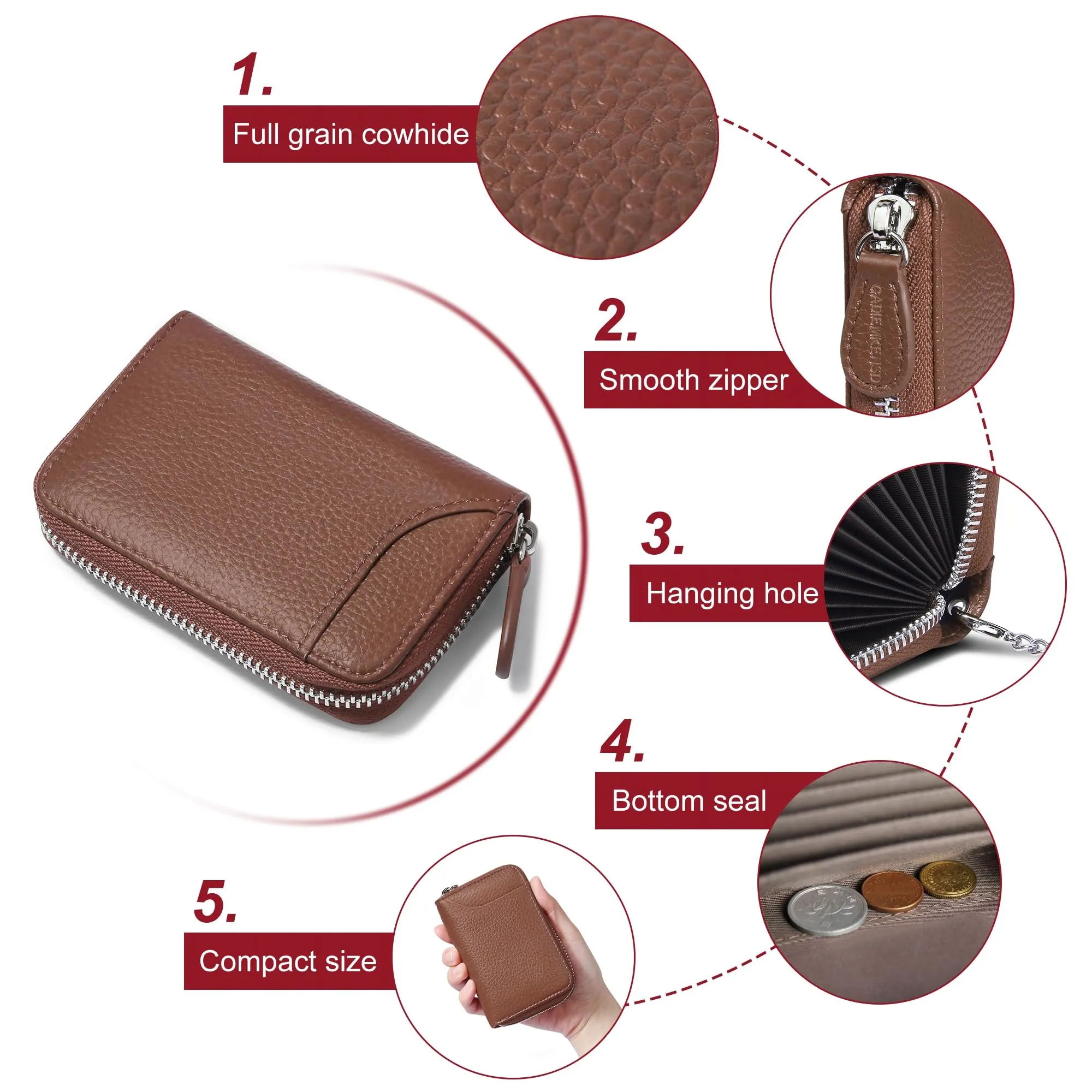 GADIEMKENSD Women Credit Card Holder Small Rfid Wallet Zipper for Travel Leather Accordion Wallets Inserts Case Photo Business Cards Organizer Cute Compact Credit Card Slot Cash Slots Tan - immagine 5