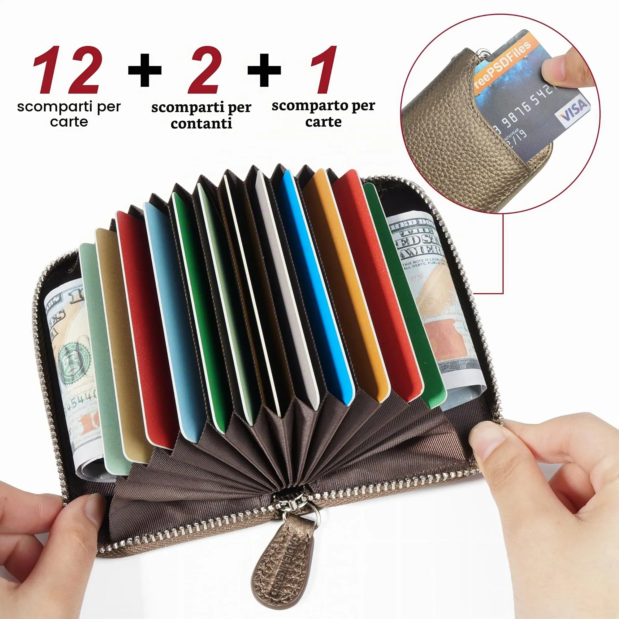 GADIEMKENSD Women Credit Card Holder Small Rfid Wallet Zipper for Travel Leather Accordion Wallets Inserts Case Photo Business Cards Organizer Cute Compact Credit Card Slot Cash Slots Bronze - immagine 2