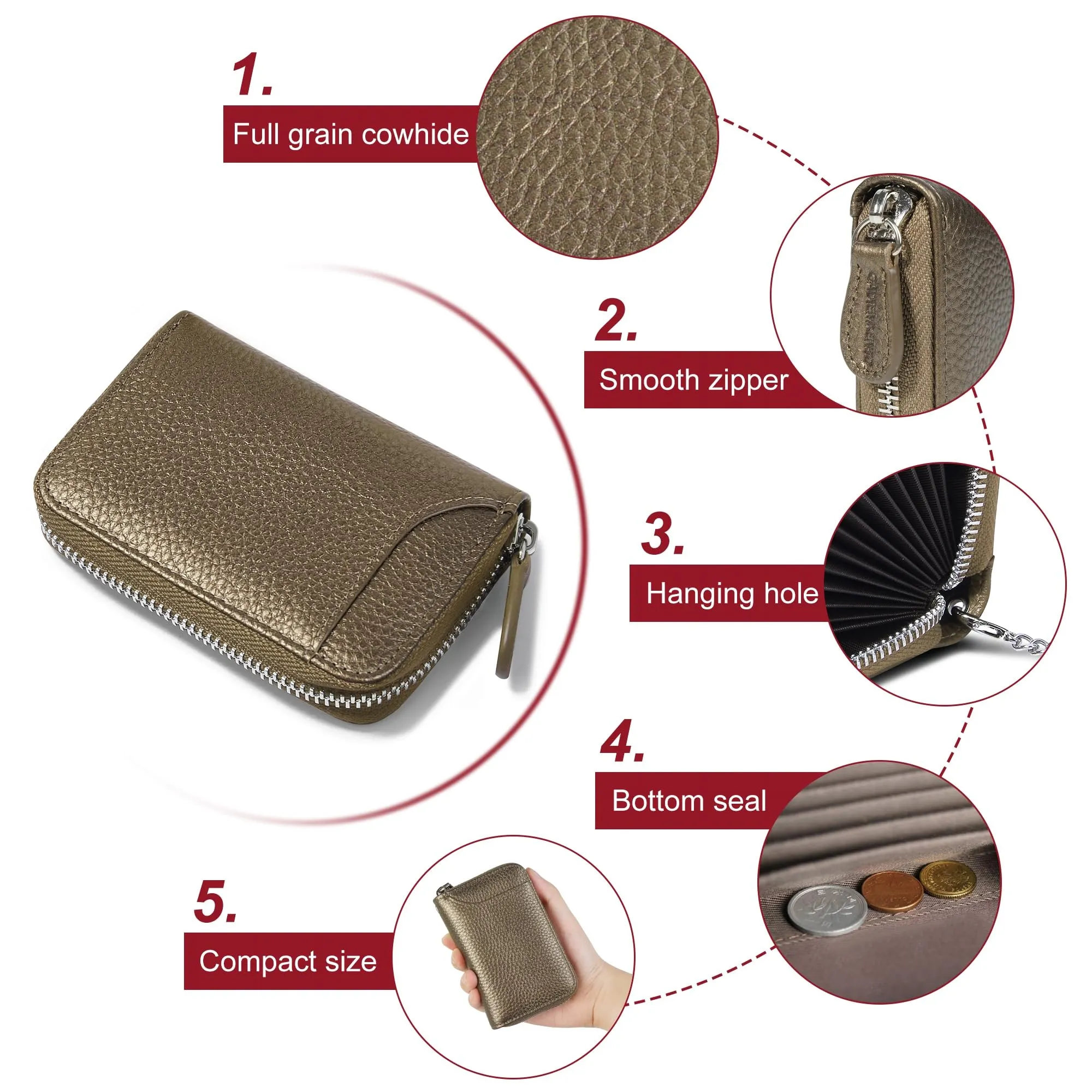GADIEMKENSD Women Credit Card Holder Small Rfid Wallet Zipper for Travel Leather Accordion Wallets Inserts Case Photo Business Cards Organizer Cute Compact Credit Card Slot Cash Slots Bronze - immagine 5