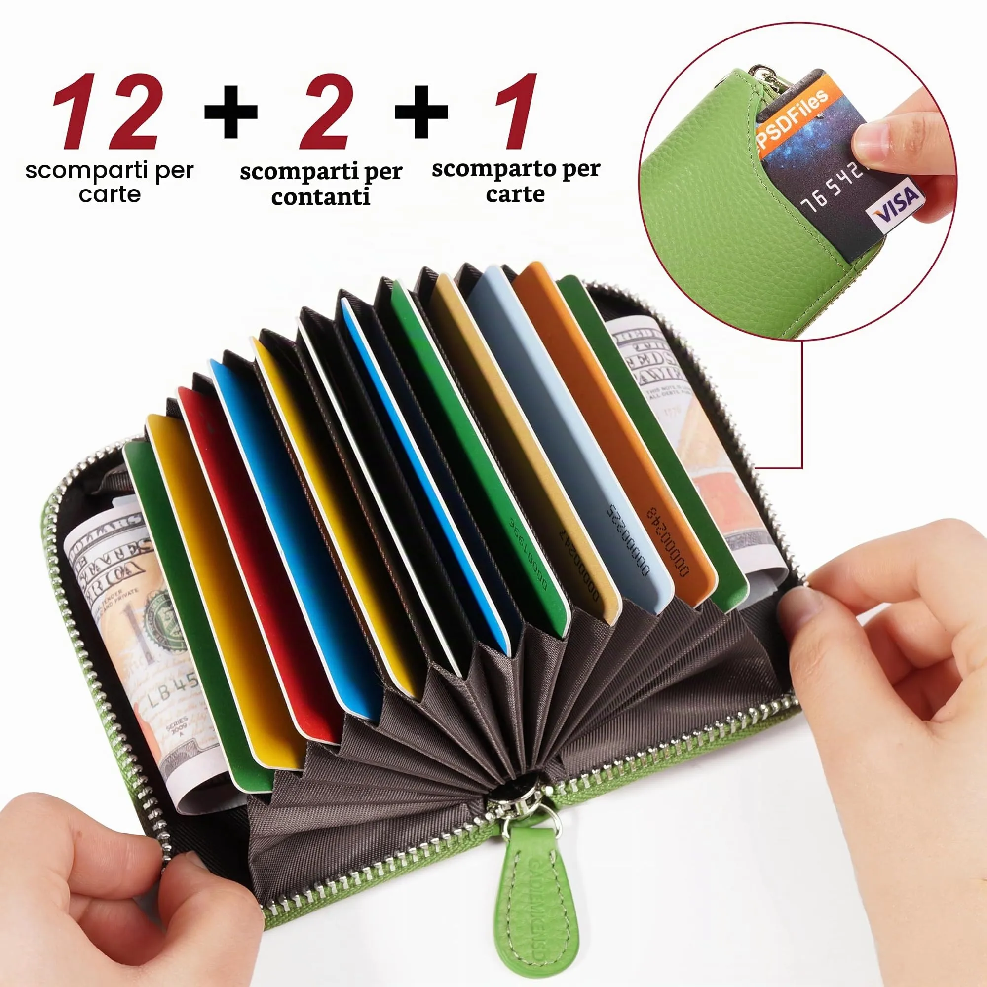 GADIEMKENSD Women Credit Card Holder Small Rfid Wallet Zipper for Travel Leather Accordion Wallets Inserts Case Photo Business Cards Organizer Cute Compact Credit Card Slot Cash Slots Apple Green - immagine 2