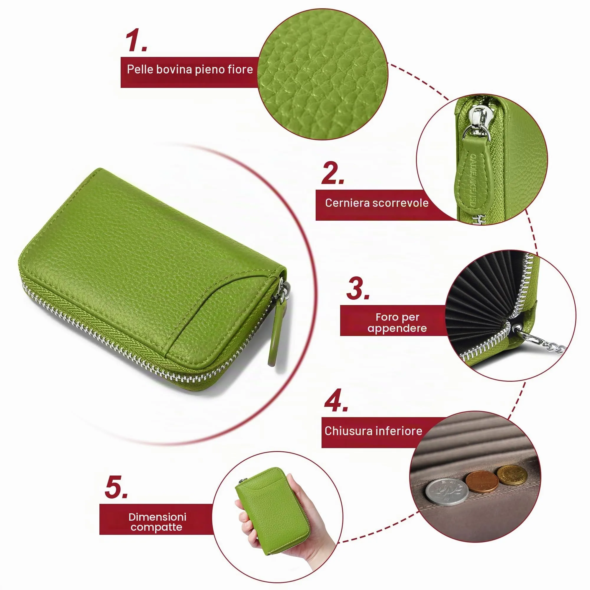 GADIEMKENSD Women Credit Card Holder Small Rfid Wallet Zipper for Travel Leather Accordion Wallets Inserts Case Photo Business Cards Organizer Cute Compact Credit Card Slot Cash Slots Apple Green - immagine 6