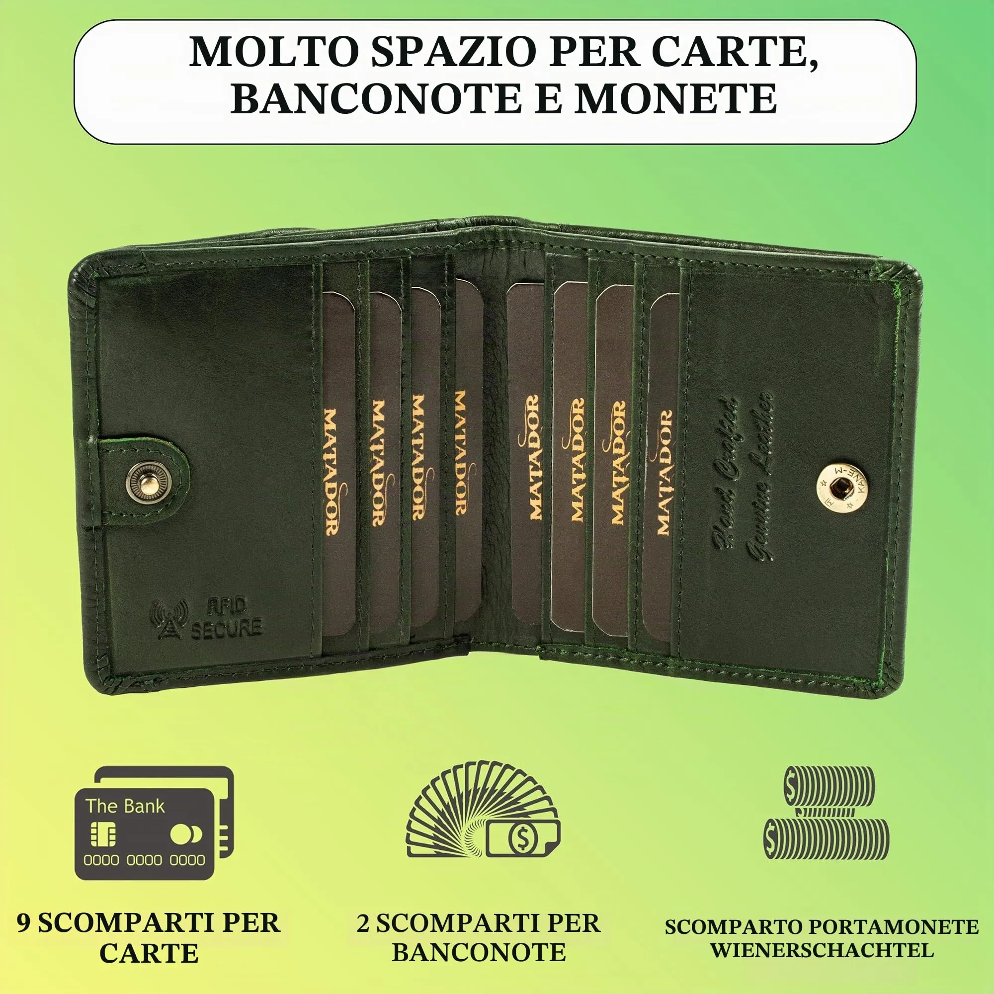 Matador Portafoglio Donna Piccolo Pelle RFID Portamonete Fiori Verde - immagine 2