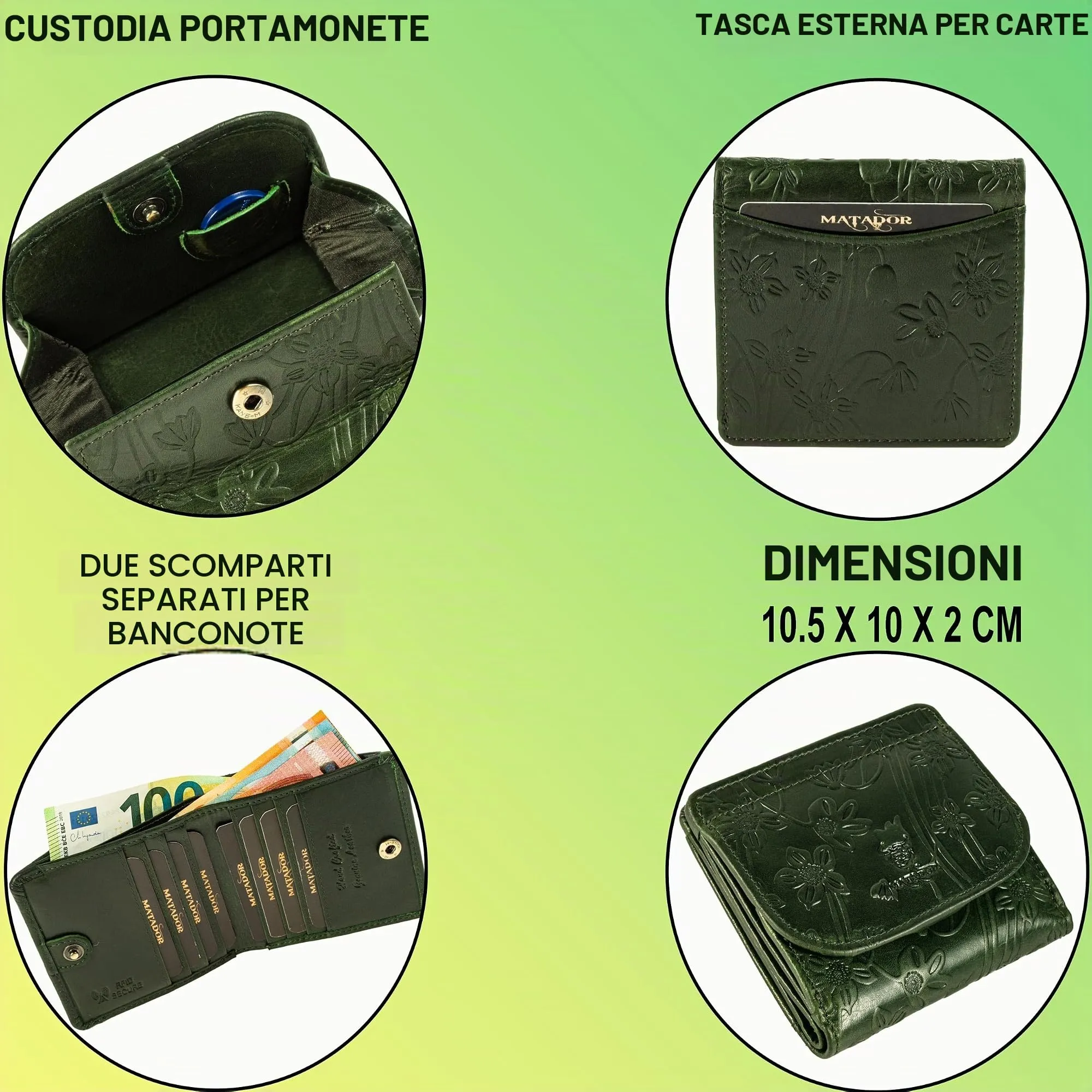 Matador Portafoglio Donna Piccolo Pelle RFID Portamonete Fiori Verde - immagine 4