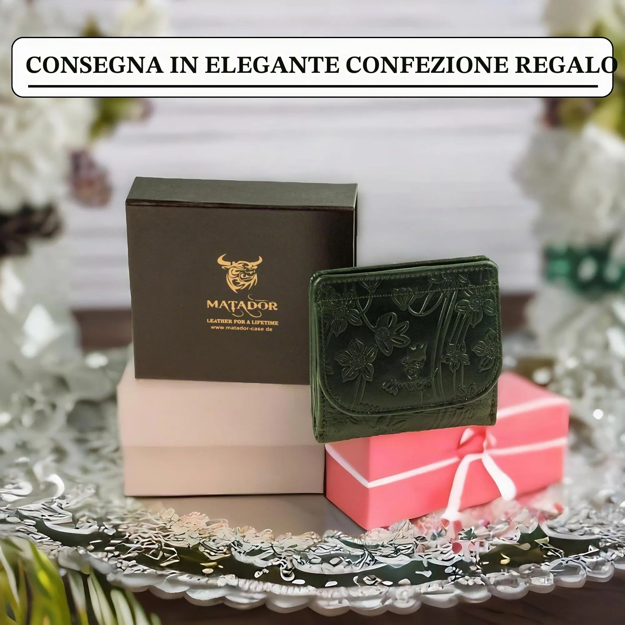Matador Portafoglio Donna Piccolo Pelle RFID Portamonete Fiori Verde - immagine 6