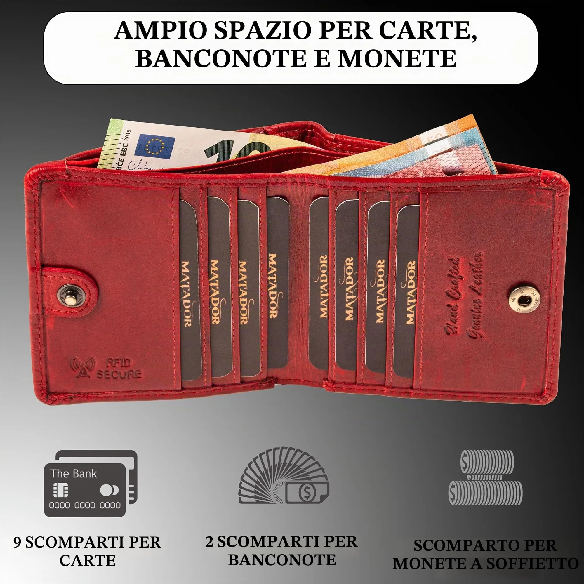Matador Portafoglio Donna Piccolo Pelle RFID Portamonete Fiori Rossi - immagine 2