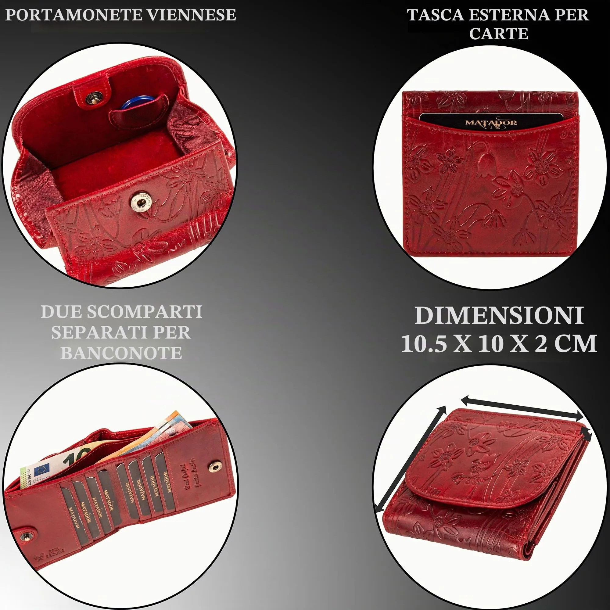 Matador Portafoglio Donna Piccolo Pelle RFID Portamonete Fiori Rossi - immagine 4