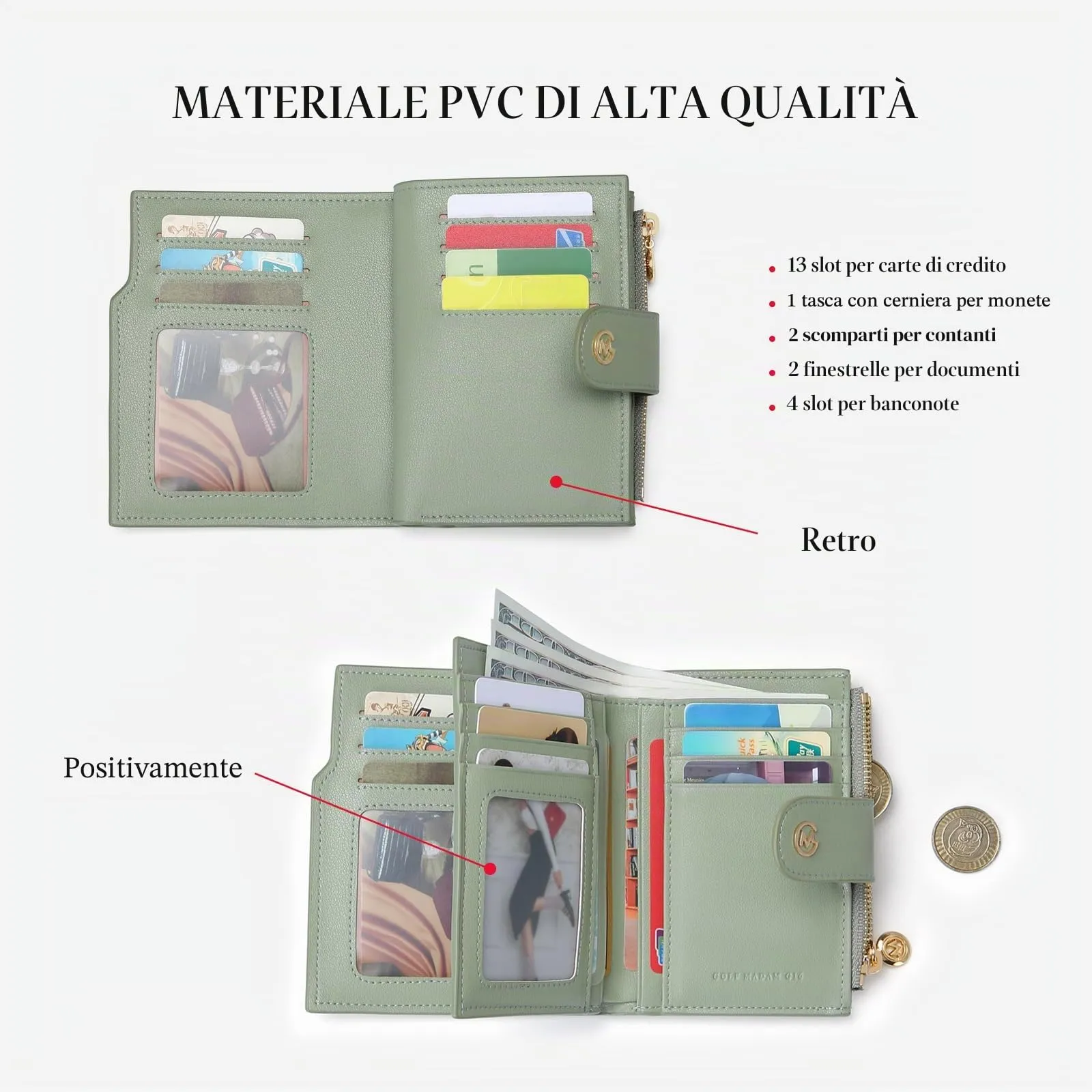 GOLF SUPAGS Portafogli per Donna Porta Carte di Credito in Pelle PVC Organizzatore Multi-Carta di Grande Capacità Portamonete Piccolo con Tasca con Cerniera Bifold - immagine 2