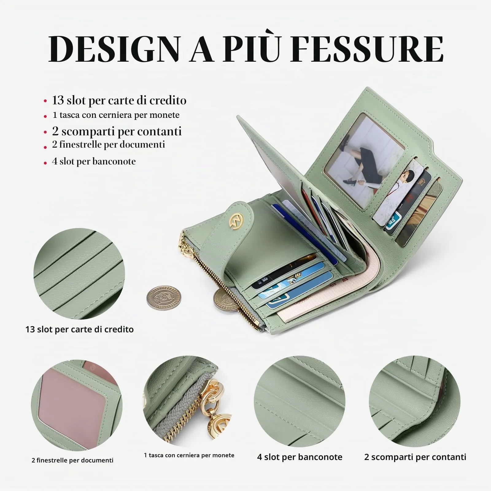 GOLF SUPAGS Portafogli per Donna Porta Carte di Credito in Pelle PVC Organizzatore Multi-Carta di Grande Capacità Portamonete Piccolo con Tasca con Cerniera Bifold - immagine 3