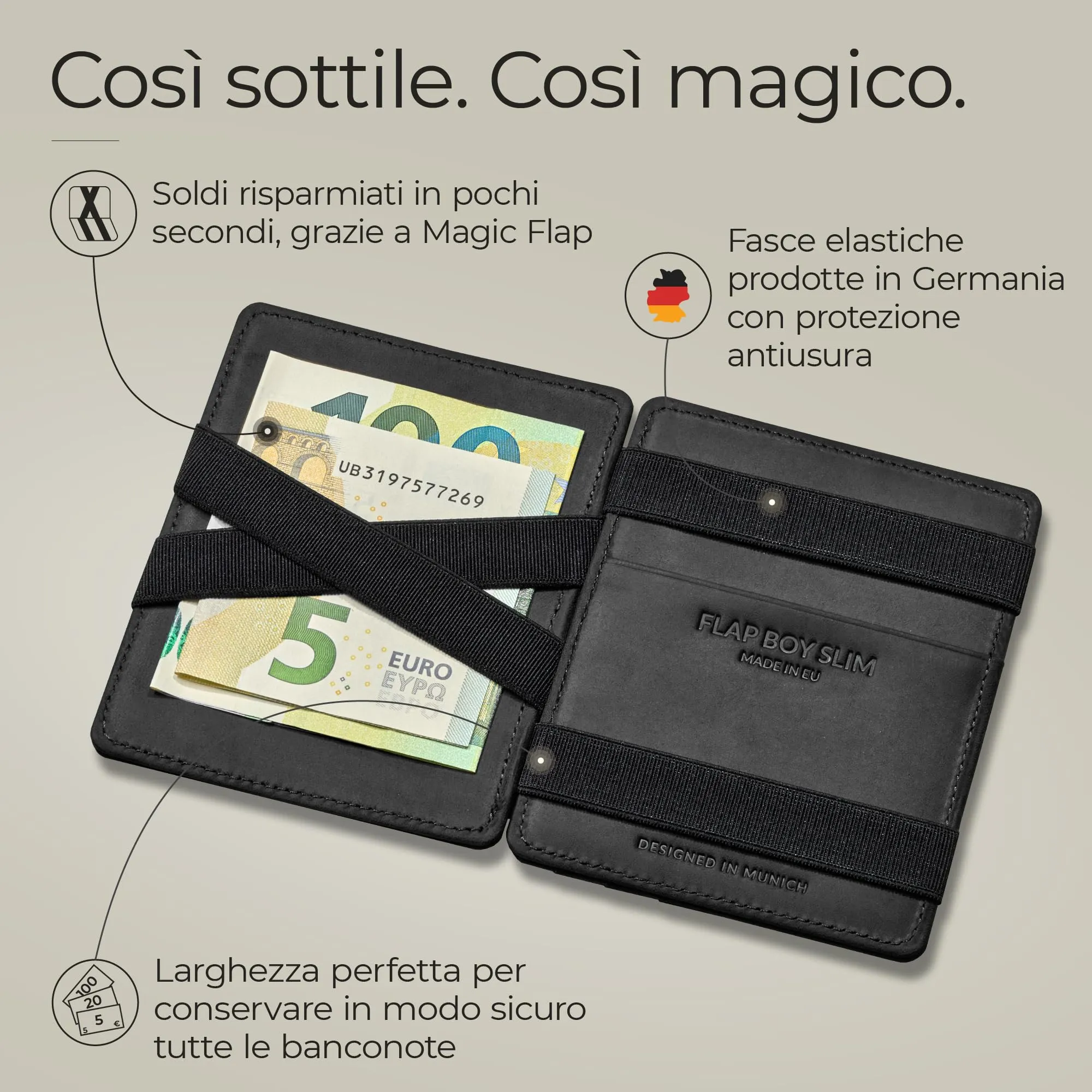 Jaimie Jacobs Flap Boy Slim Portafoglio Magico Magic Wallet Protezione RFID Portafoglio Uomo Piccolo Porta Carte di Credito Porta Tessere (Pelle di bufalo Nero) - immagine 2