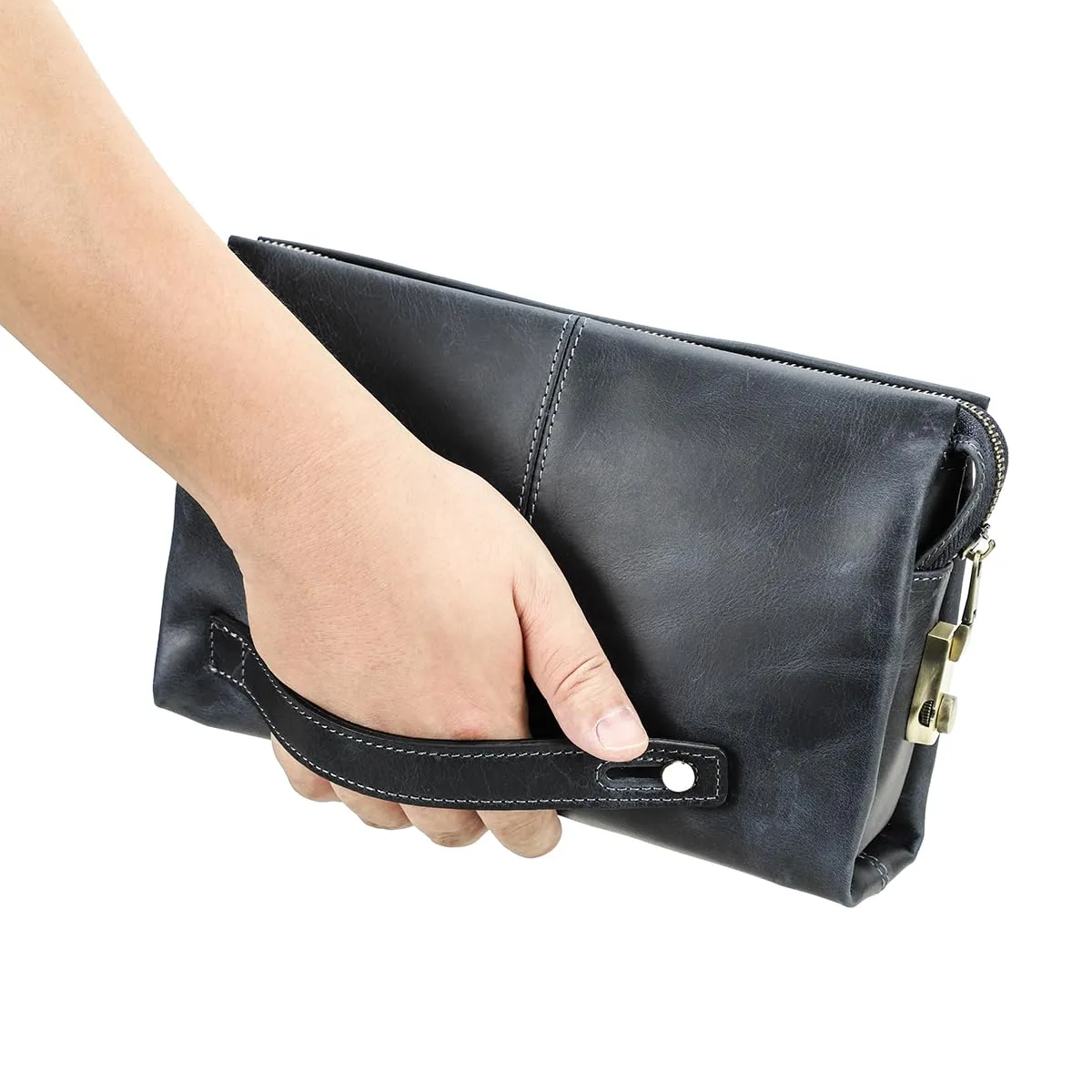 Contacts Pochette da uomo in vera pelle per carte d'identità, grande capacità, con blocco antifurto, da viaggio, passaporto, telefono, borsa a mano con cinturino da polso, Blu 1 - immagine 2