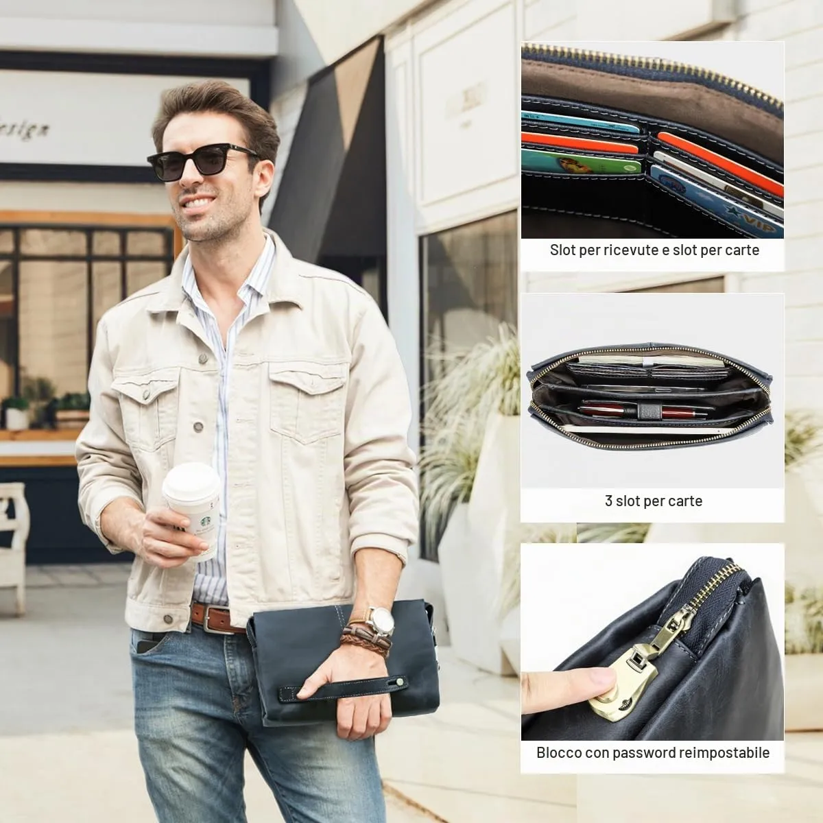 Contacts Pochette da uomo in vera pelle per carte d'identità, grande capacità, con blocco antifurto, da viaggio, passaporto, telefono, borsa a mano con cinturino da polso, Blu 1 - immagine 3