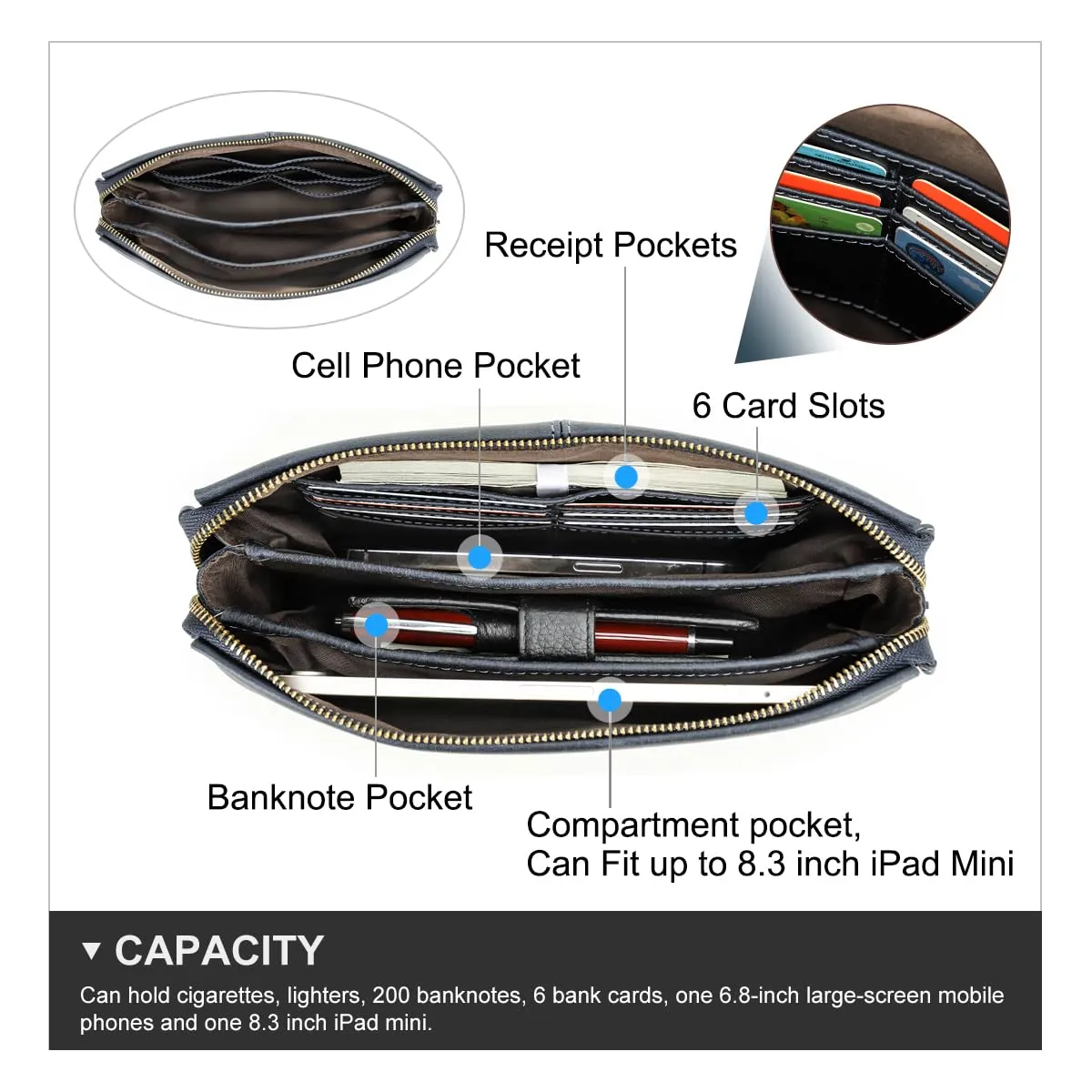 Contacts Pochette da uomo in vera pelle per carte d'identità, grande capacità, con blocco antifurto, da viaggio, passaporto, telefono, borsa a mano con cinturino da polso, Blu 1 - immagine 4