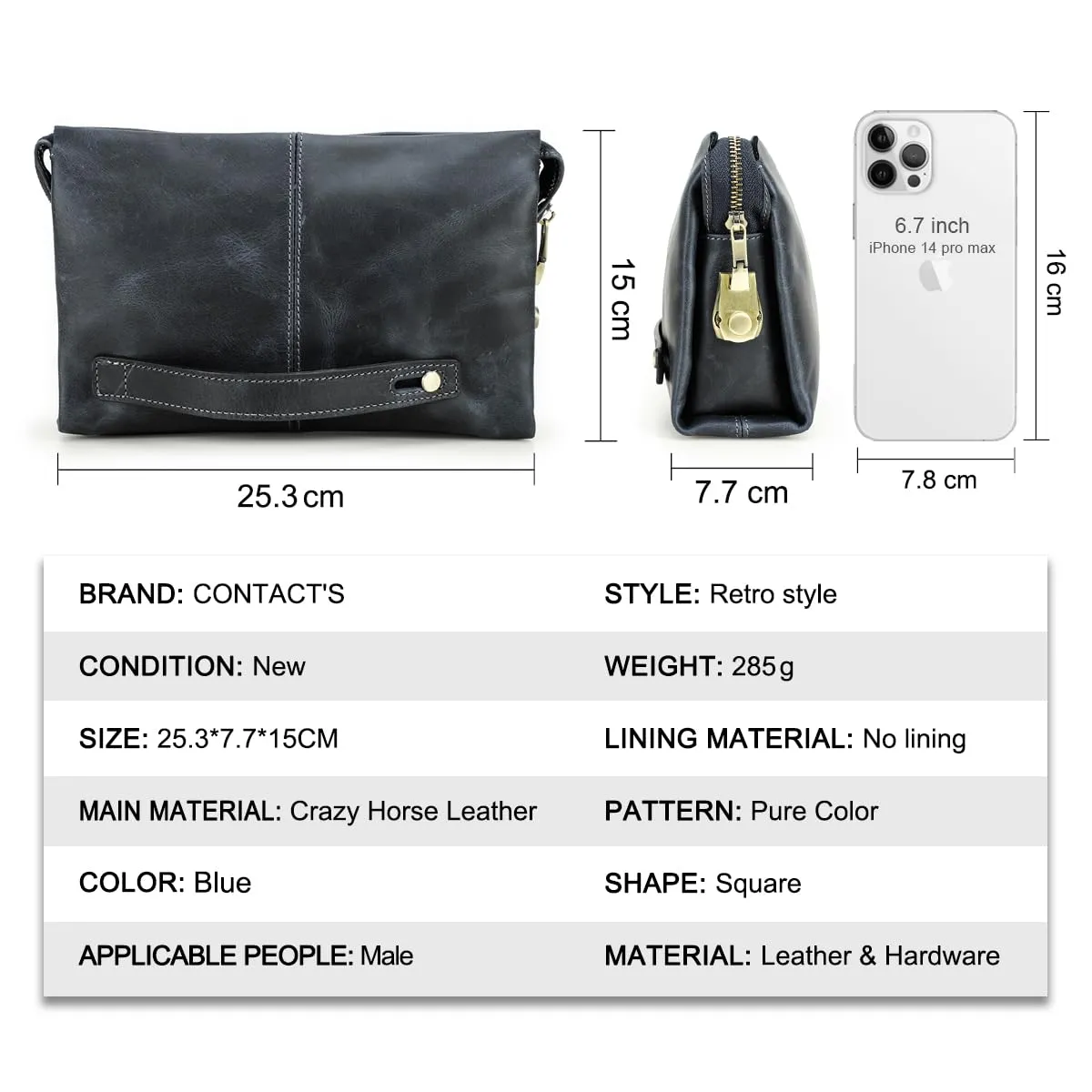 Contacts Pochette da uomo in vera pelle per carte d'identità, grande capacità, con blocco antifurto, da viaggio, passaporto, telefono, borsa a mano con cinturino da polso, Blu 1 - immagine 7