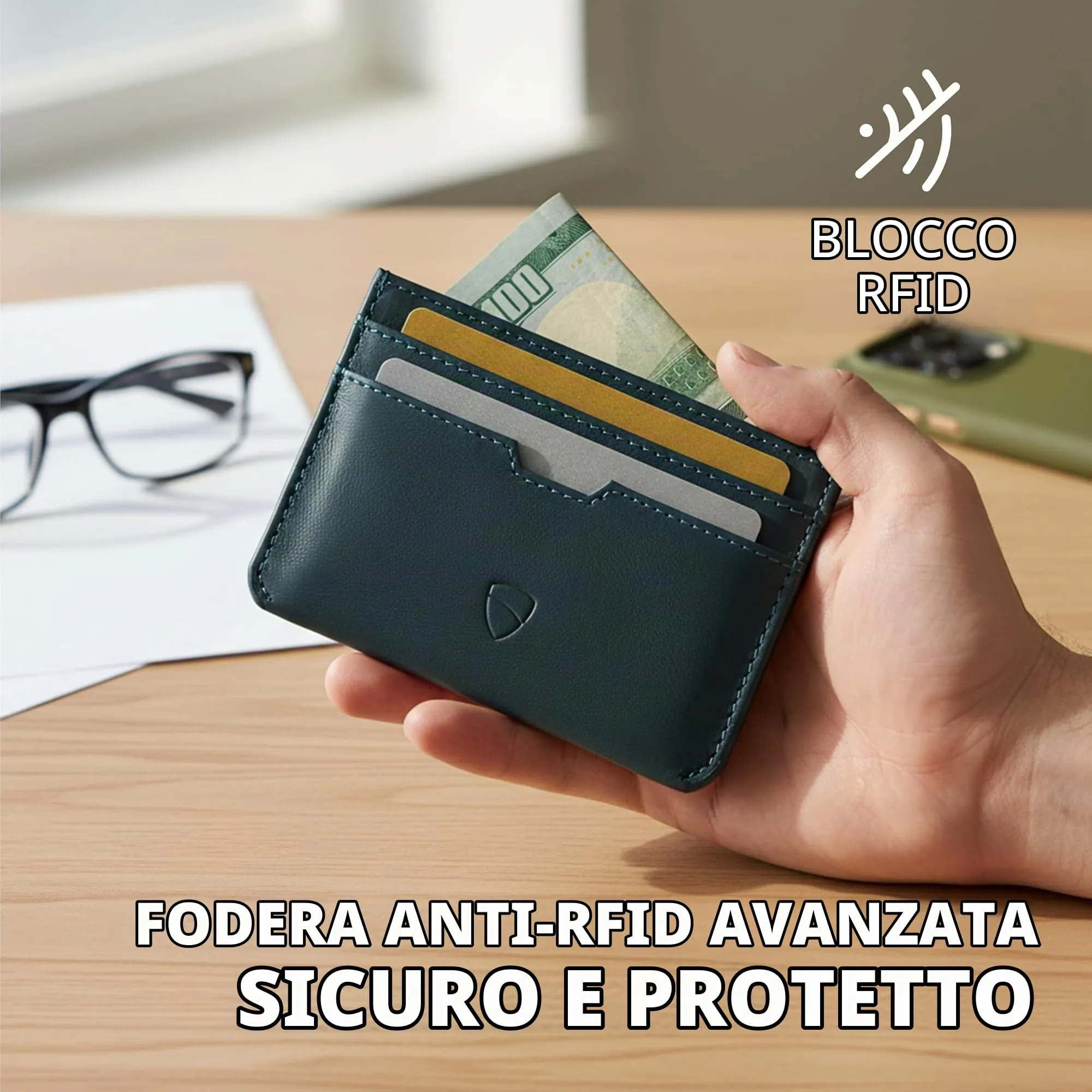 Vaultskin MOORGATE Porta Carte Uomo in Pelle con RFID, Blu navy mezzanotte - immagine 8
