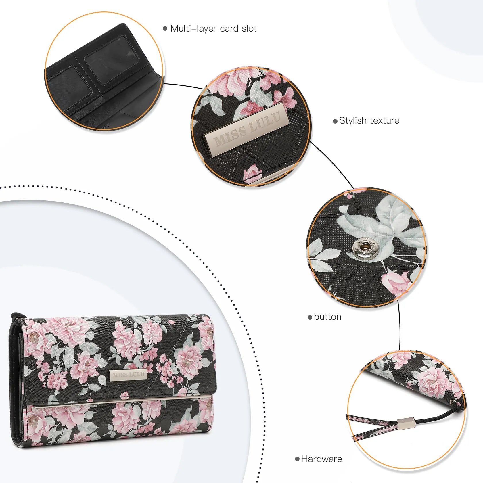 Miss Lulu Portafoglio Donna, Portafoglio Donna Grande, Con 12 Scomparti Per Carte e Tasca Per Monete e Finestra Per Foto in Pelle PU - immagine 4
