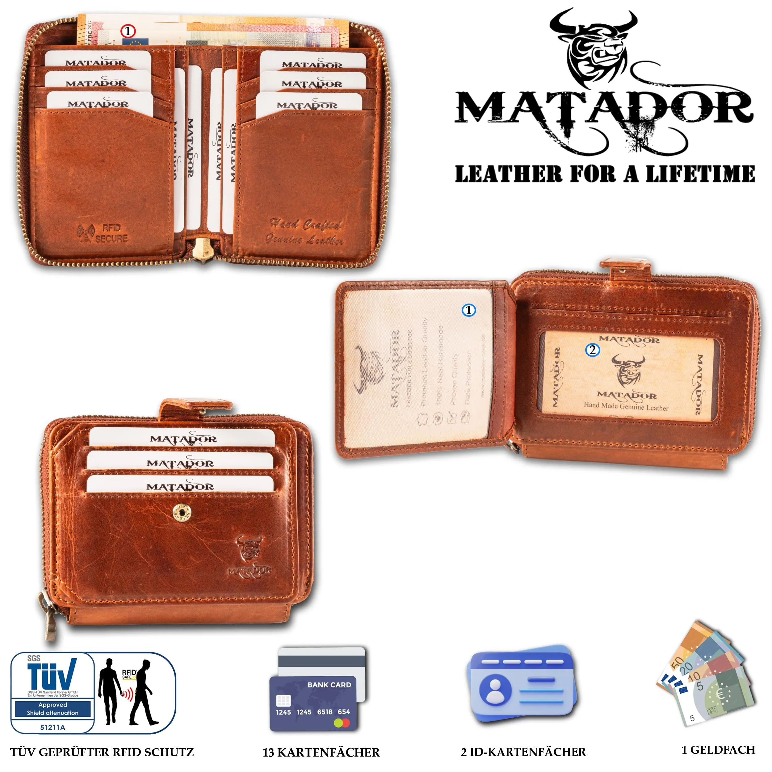 Matador Portafoglio Uomo Verticale Vera Pelle RFID Marrone Vintage NextGen - immagine 2