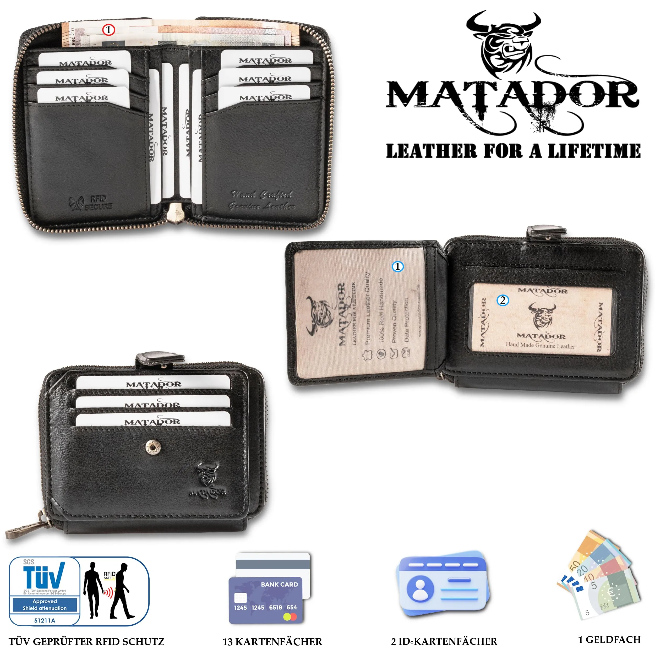 Matador Portafoglio Classico Uomo e Donna Pelle RFID Nero Nappa NextGen - immagine 2