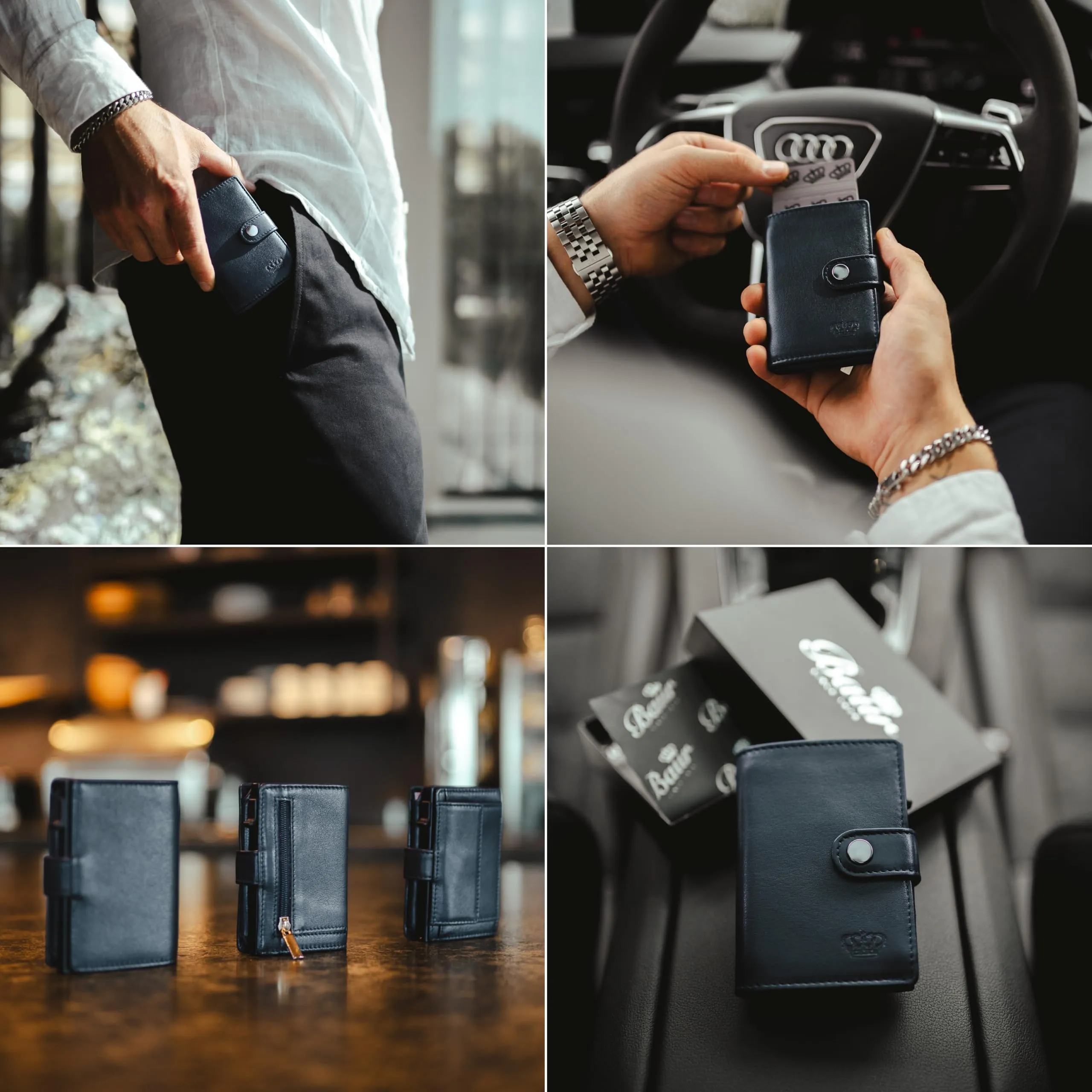 Baur Slim Wallet in vera pelle – portafoglio con pop-up in alluminio & protezione RFID – piccolo portafoglio da uomo senza portamonete – smart wallet (Senza portamonete, Pelle di bufalo blu scuro) - immagine 3