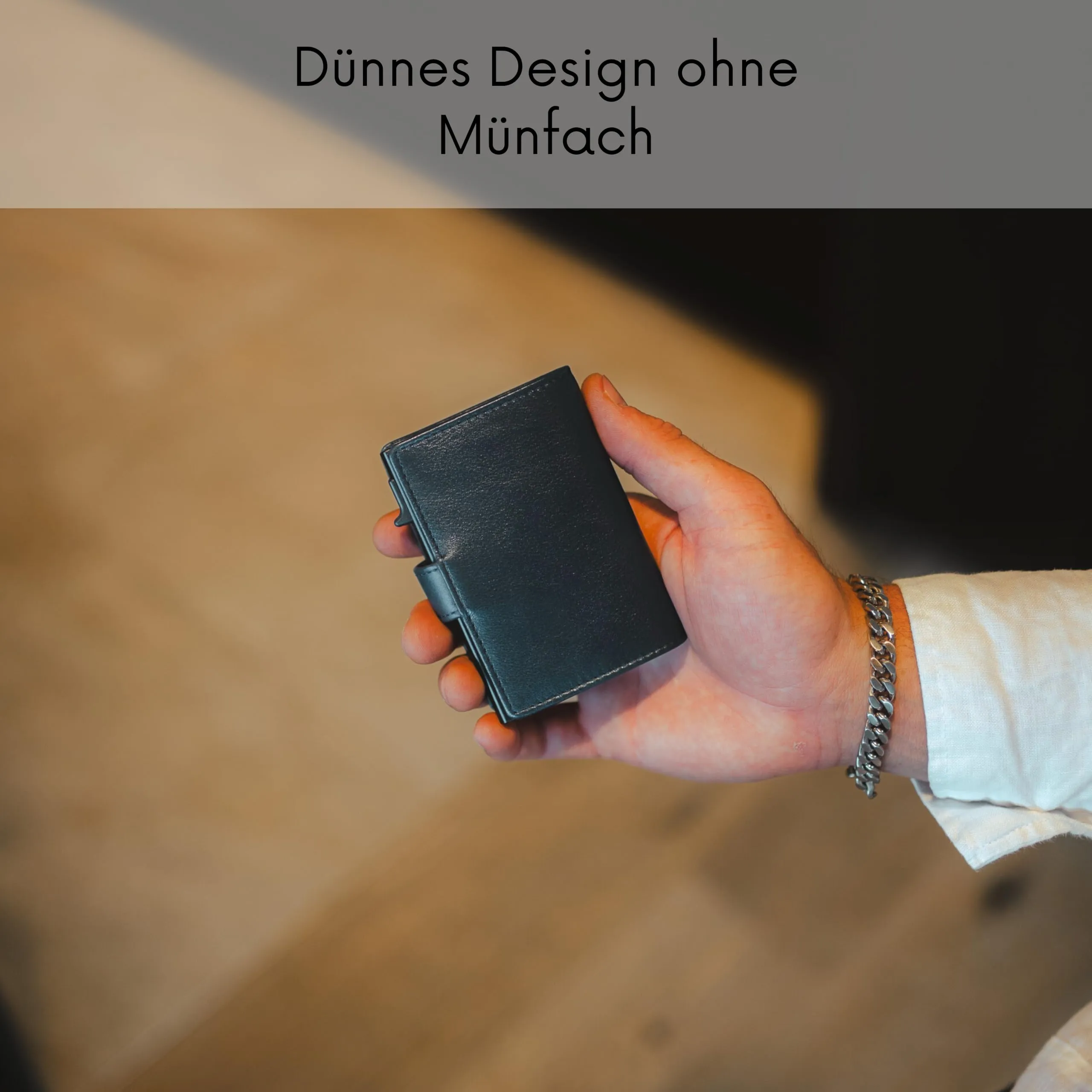 Baur Slim Wallet in vera pelle – portafoglio con pop-up in alluminio & protezione RFID – piccolo portafoglio da uomo senza portamonete – smart wallet (Senza portamonete, Pelle di bufalo blu scuro) - immagine 4