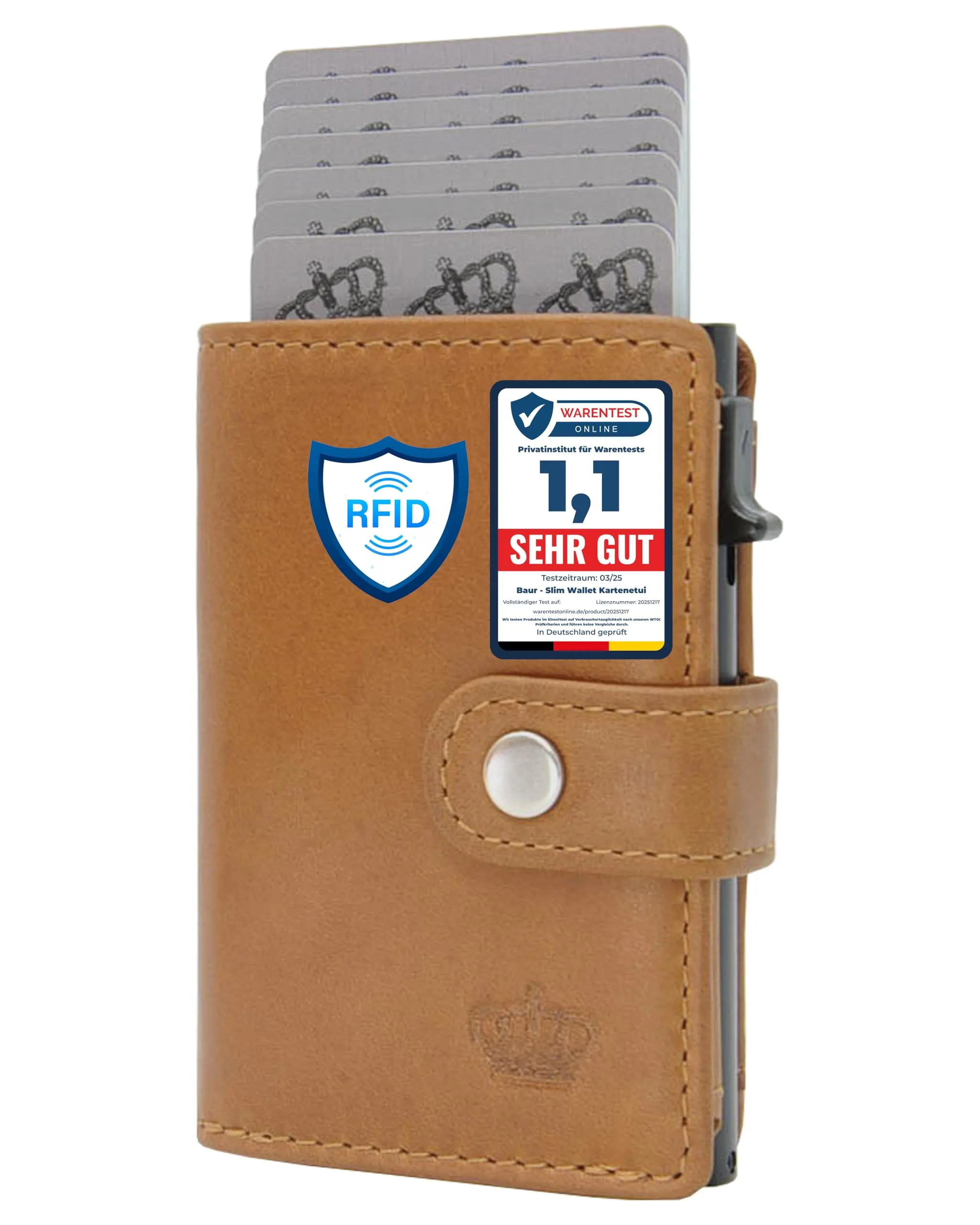 Baur Slim Wallet in vera pelle – portafoglio con pop-up in alluminio & protezione RFID – piccolo portafoglio da uomo senza portamonete – smart wallet (Senza portamonete, Pelle di bufalo cognac) - immagine 1