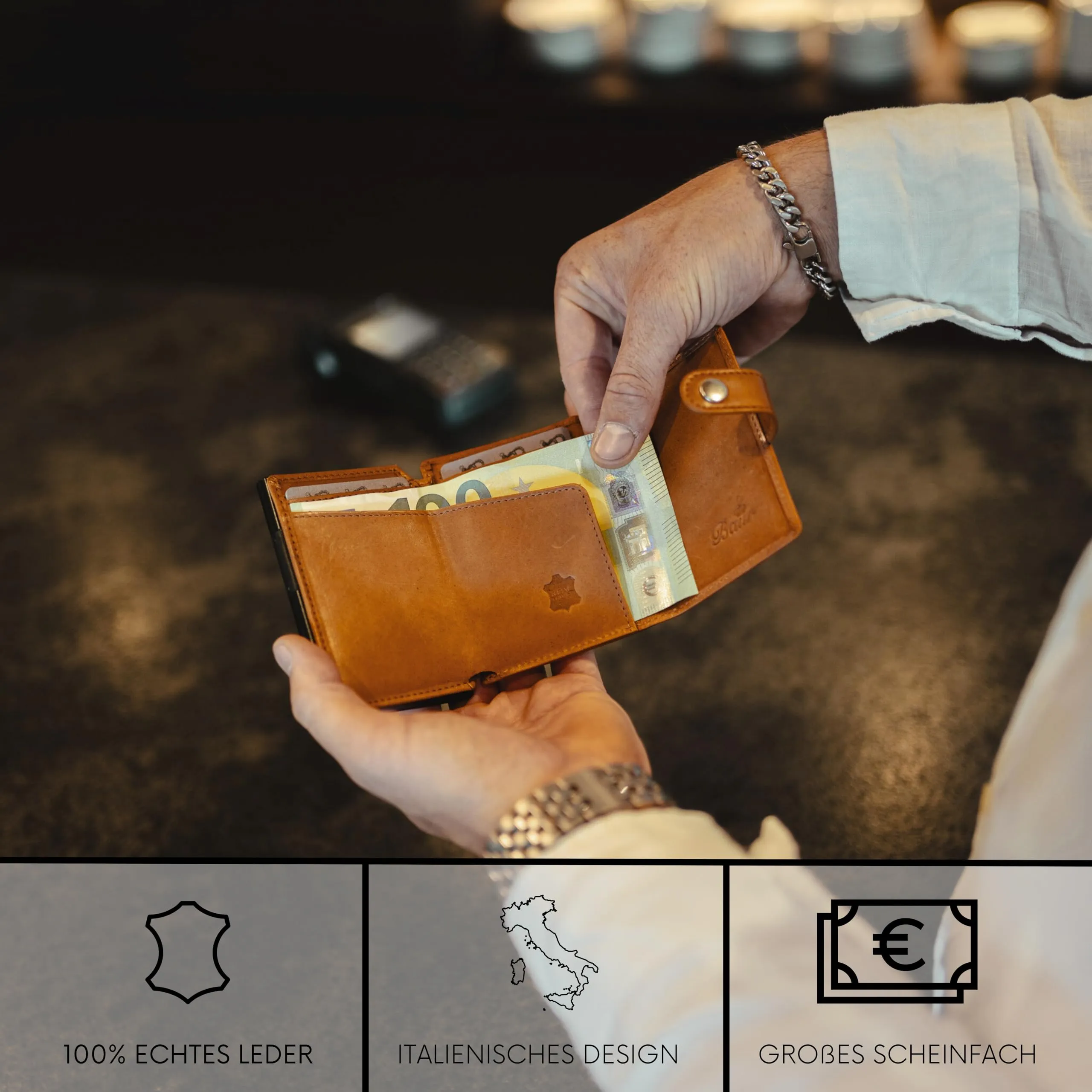 Baur Slim Wallet in vera pelle – portafoglio con pop-up in alluminio & protezione RFID – piccolo portafoglio da uomo senza portamonete – smart wallet (Senza portamonete, Pelle di bufalo cognac) - immagine 2