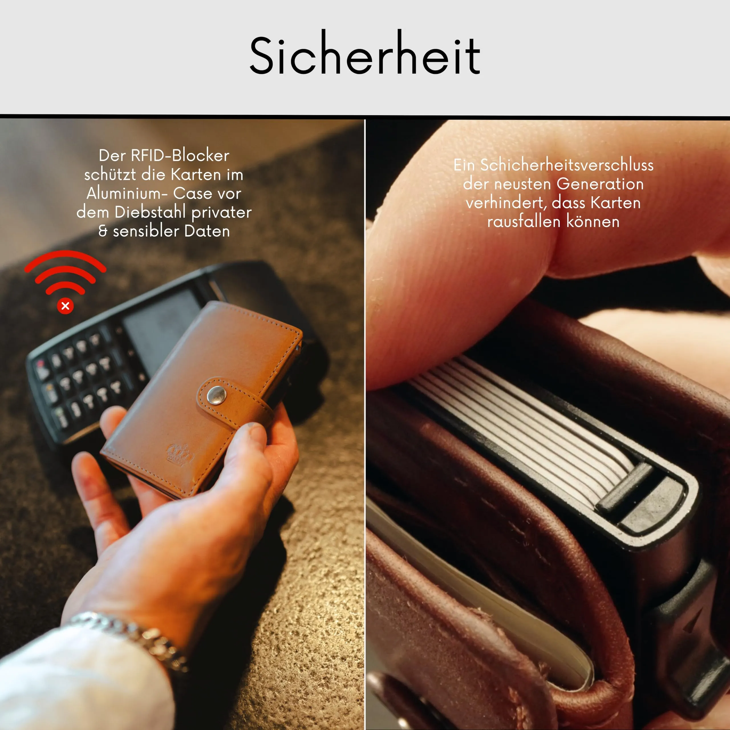 Baur Slim Wallet in vera pelle – portafoglio con pop-up in alluminio & protezione RFID – piccolo portafoglio da uomo senza portamonete – smart wallet (Senza portamonete, Pelle di bufalo cognac) - immagine 5