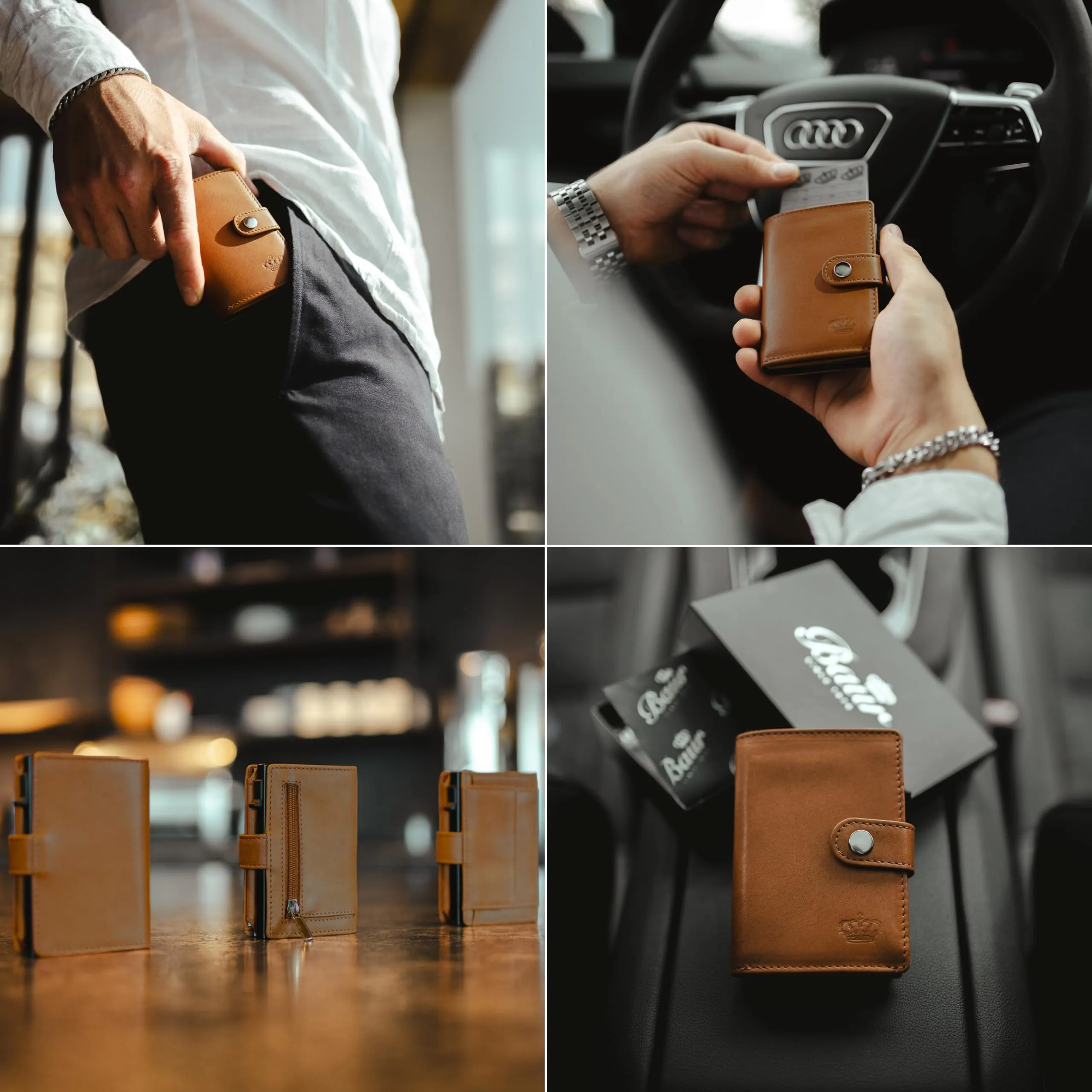 Baur Slim Wallet in vera pelle – portafoglio con custodia pop-up in alluminio & protezione RFID – piccolo portafoglio da uomo con portamonete – smart wallet (Portamonete con cerniera, cognac) - immagine 3