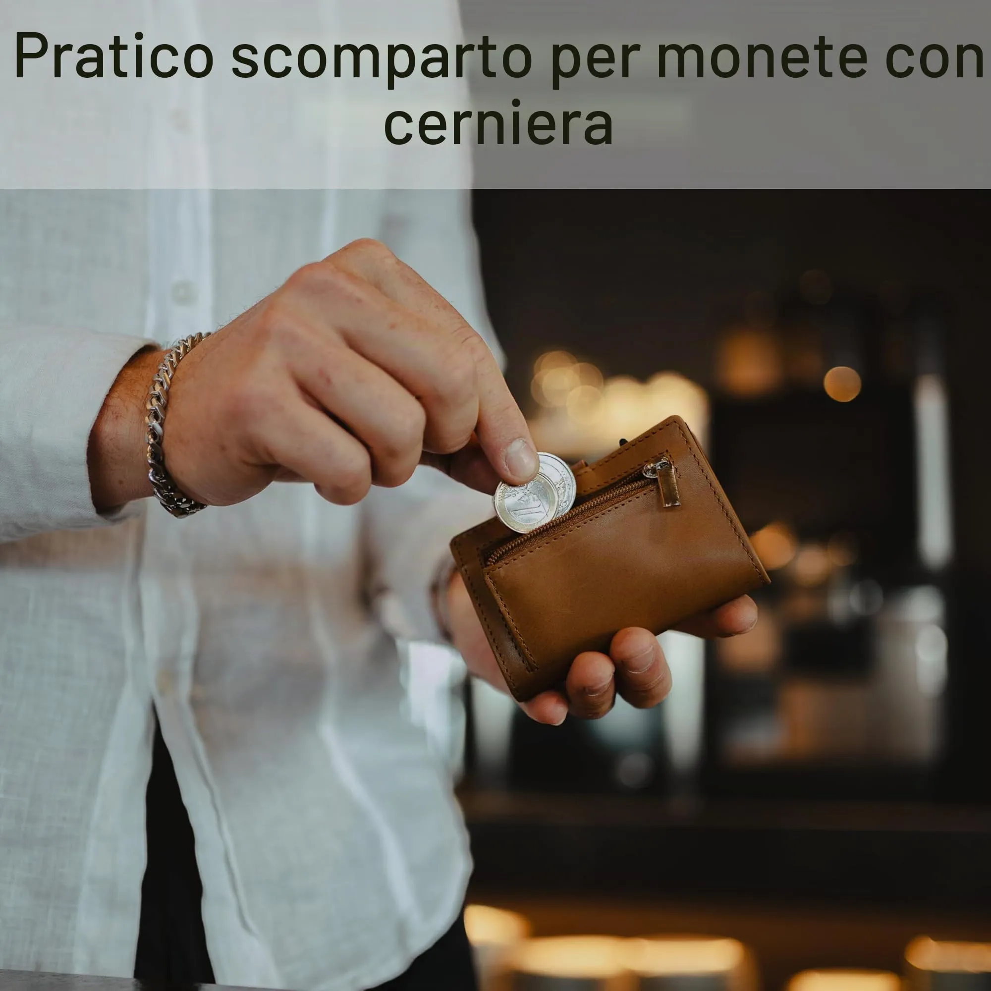 Baur Slim Wallet in vera pelle – portafoglio con custodia pop-up in alluminio & protezione RFID – piccolo portafoglio da uomo con portamonete – smart wallet (Portamonete con cerniera, cognac) - immagine 4
