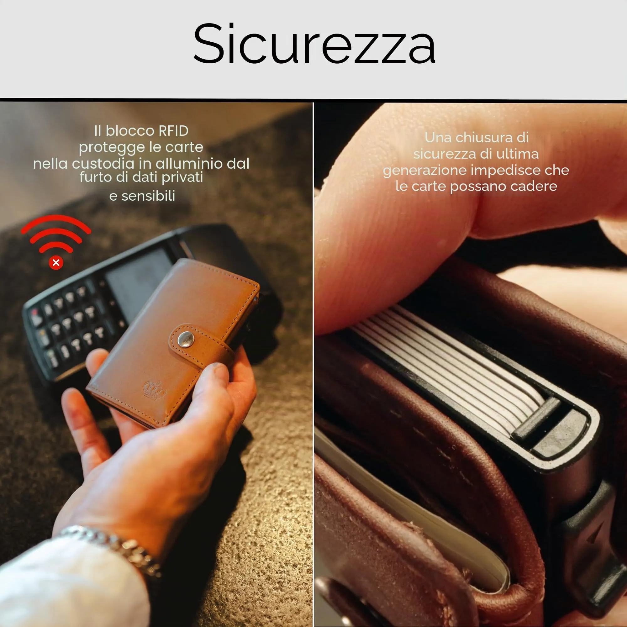 Baur Slim Wallet in vera pelle – portafoglio con custodia pop-up in alluminio & protezione RFID – piccolo portafoglio da uomo con portamonete – smart wallet (Portamonete con cerniera, cognac) - immagine 5