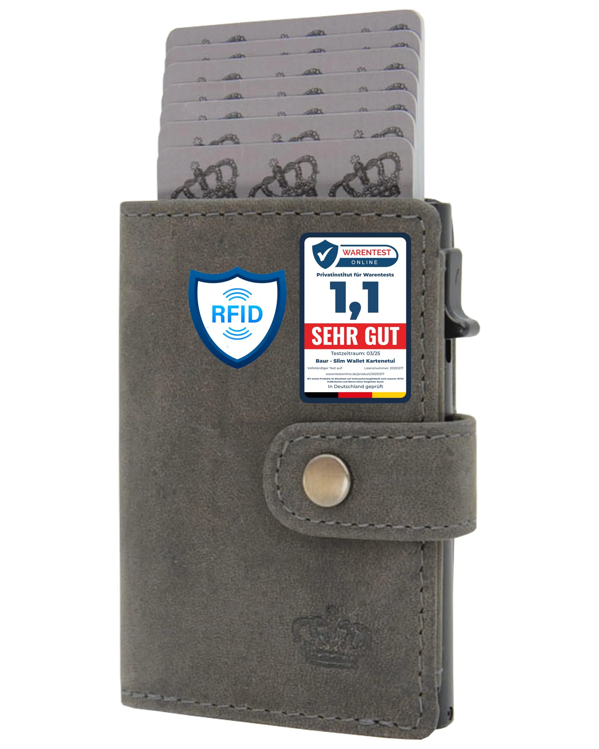 Baur Slim Wallet in vera pelle – portafoglio con pop-up in alluminio & protezione RFID – piccolo portafoglio da uomo senza portamonete – smart wallet (Senza portamonete, Pelle di bufalo grigio) - immagine 1