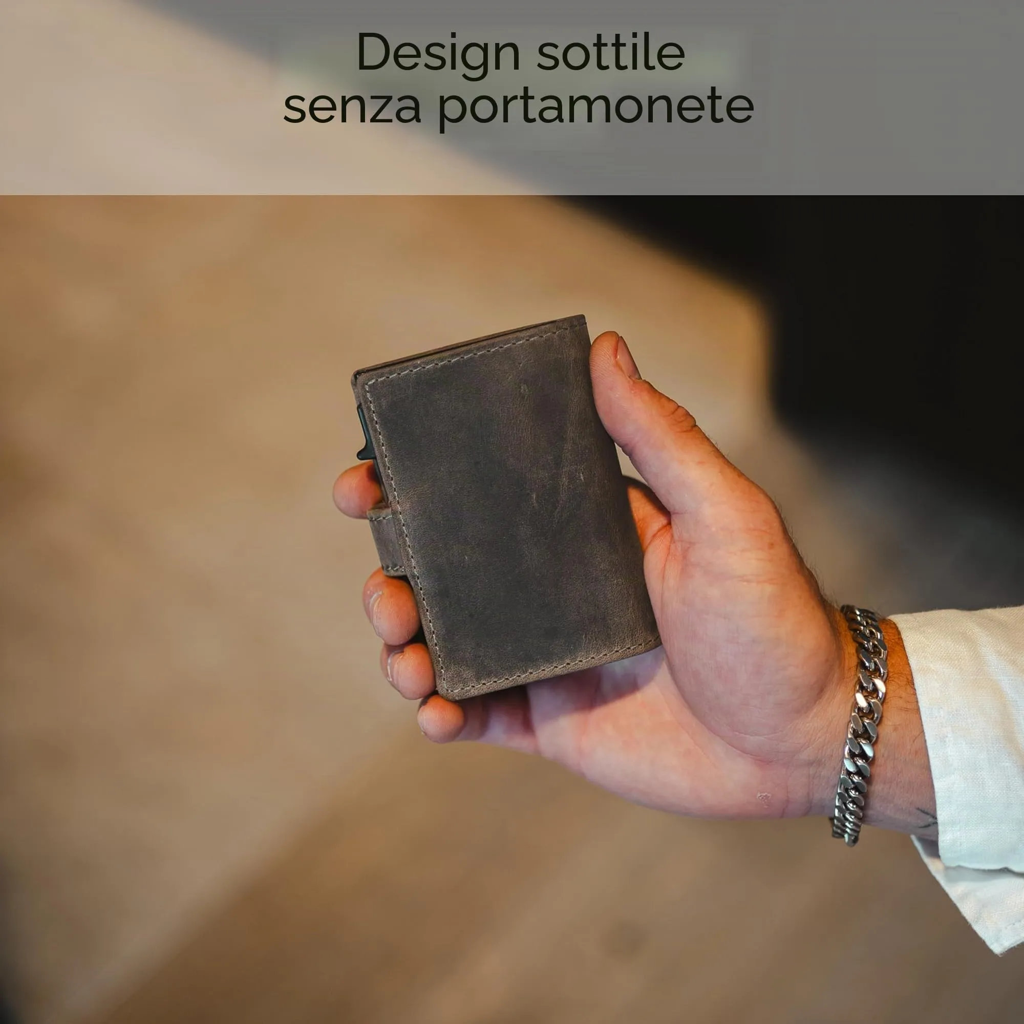 Baur Slim Wallet in vera pelle – portafoglio con pop-up in alluminio & protezione RFID – piccolo portafoglio da uomo senza portamonete – smart wallet (Senza portamonete, Pelle di bufalo grigio) - immagine 4