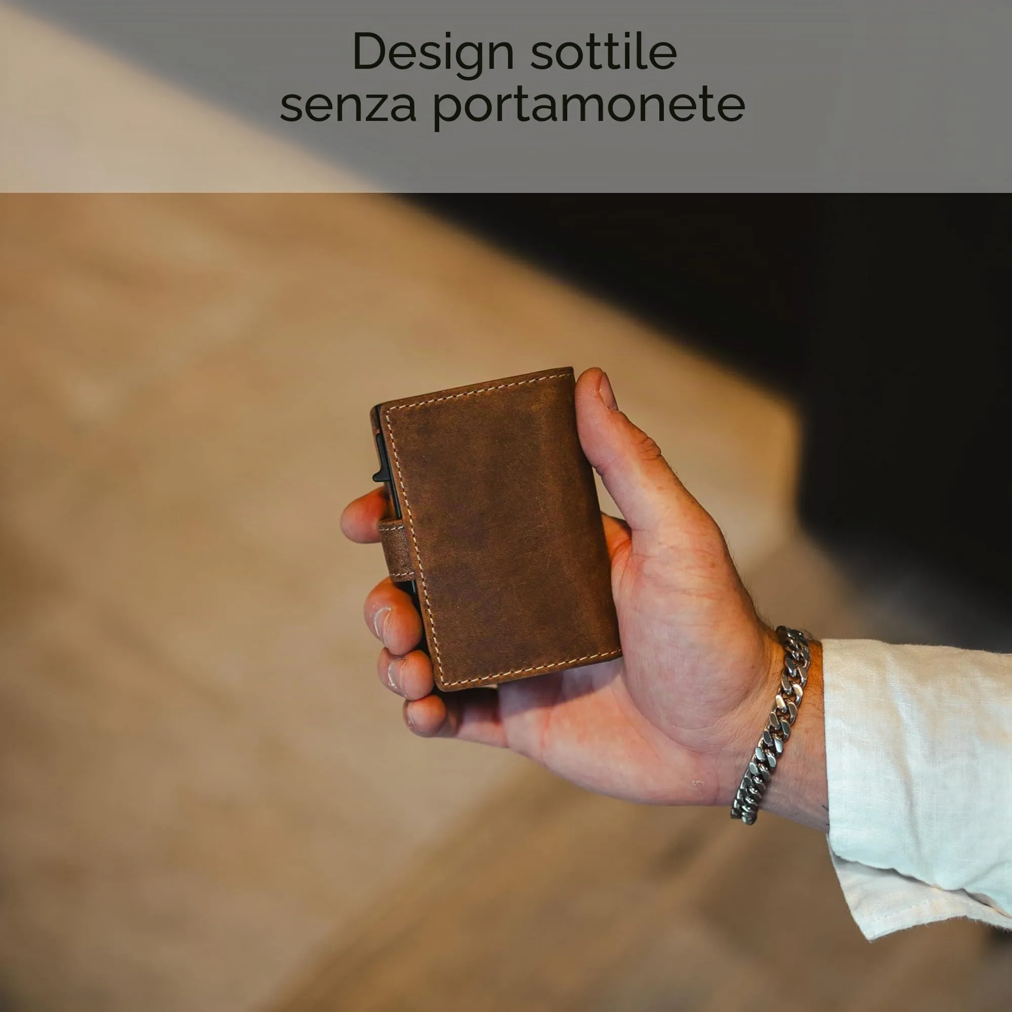 Baur Slim Wallet in vera pelle – portafoglio con pop-up in alluminio & protezione RFID – piccolo portafoglio da uomo senza portamonete – smart wallet (Senza portamonete, Pelle di bufalo marrone) - immagine 4