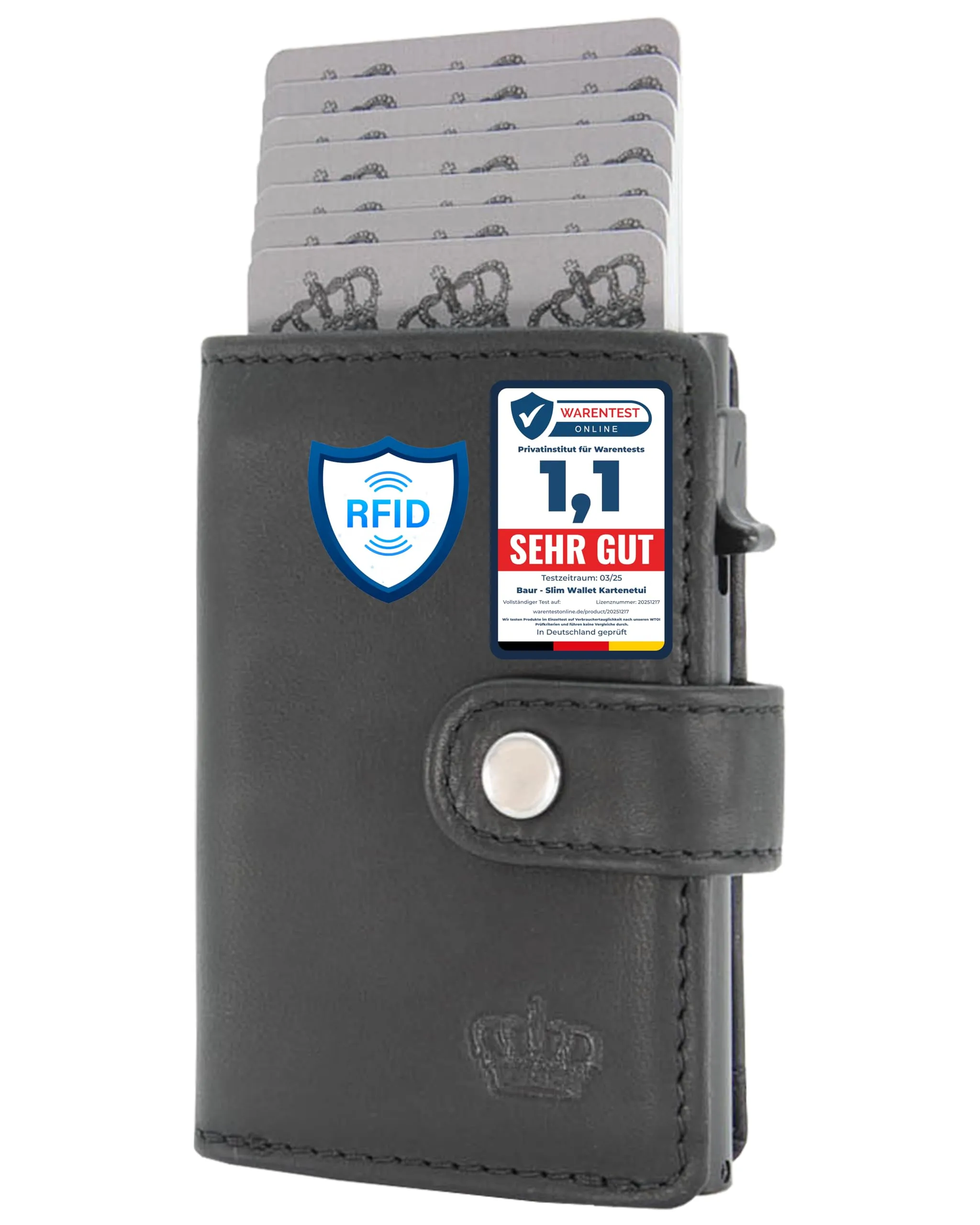 Baur Slim Wallet in vera pelle – portafoglio con pop-up in alluminio & protezione RFID – piccolo portafoglio da uomo senza portamonete – smart wallet (Senza portamonete, Pelle di bufalo nero) - immagine 1