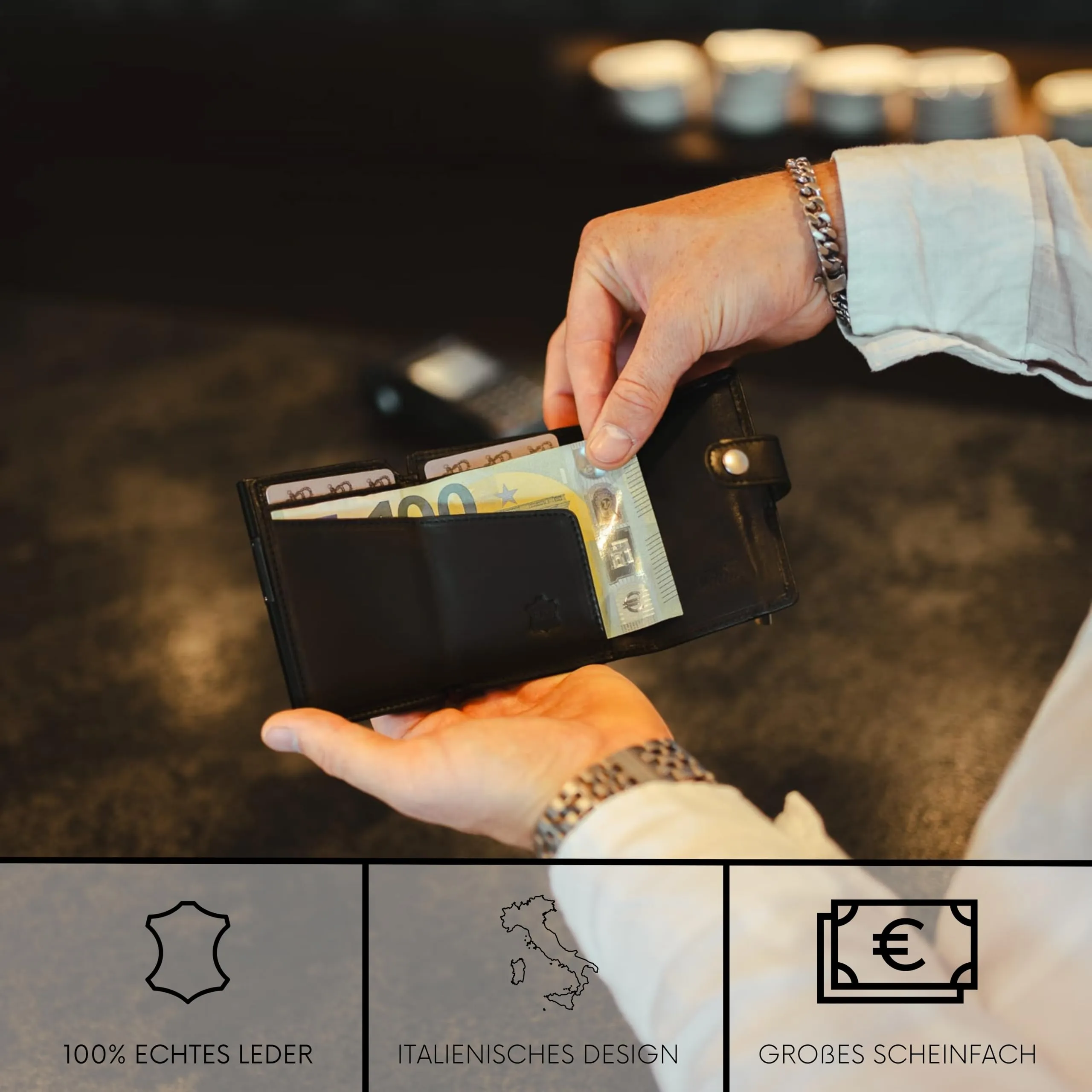 Baur Slim Wallet in vera pelle – portafoglio con pop-up in alluminio & protezione RFID – piccolo portafoglio da uomo senza portamonete – smart wallet (Senza portamonete, Pelle di bufalo nero) - immagine 2