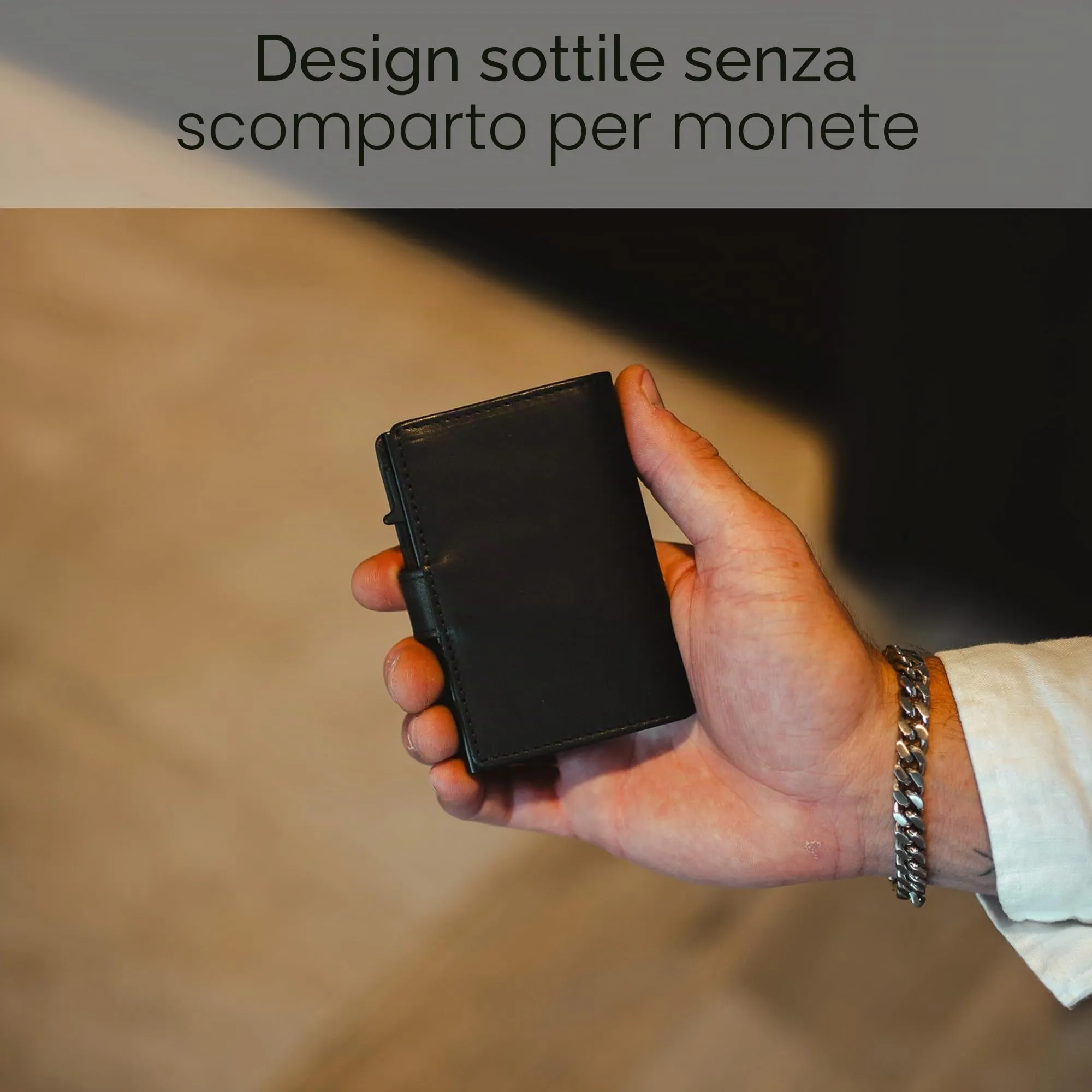 Baur Slim Wallet in vera pelle – portafoglio con pop-up in alluminio & protezione RFID – piccolo portafoglio da uomo senza portamonete – smart wallet (Senza portamonete, Pelle di bufalo nero) - immagine 4