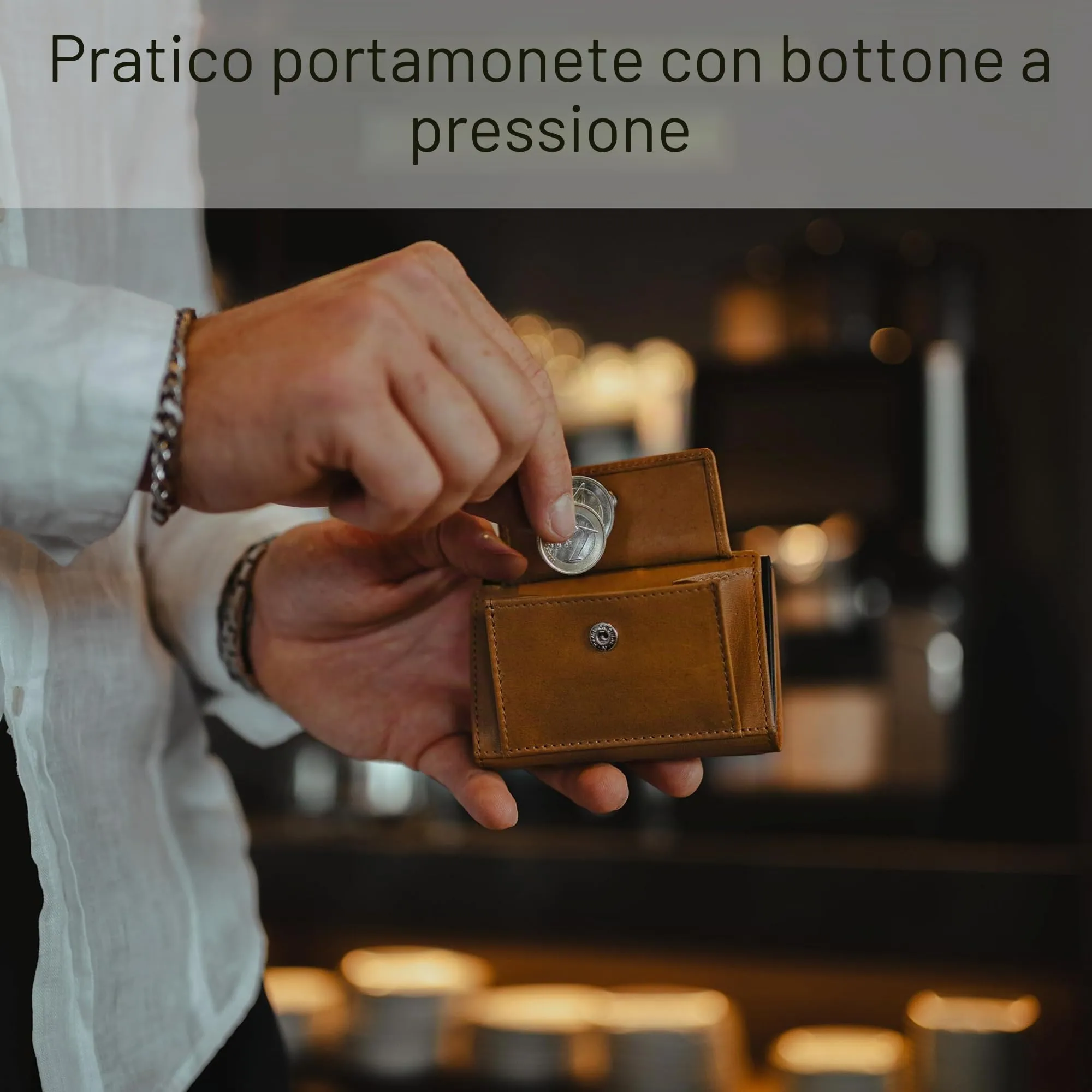 Baur Slim Wallet in vera pelle – portafoglio pop-up alluminio & protezione RFID – piccolo portafoglio da uomo con portamonete – smart wallet (Portamonete con bottone a pressione, cognac) - immagine 4