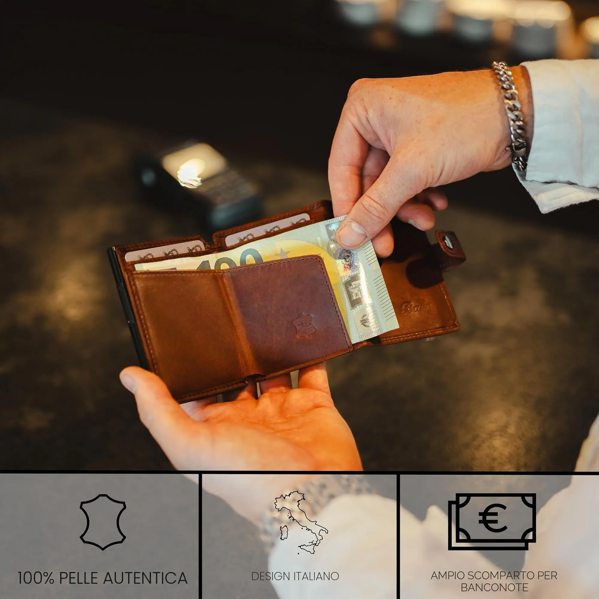 Baur Slim Wallet in vera pelle – portafoglio con pop-up in alluminio & protezione RFID – piccolo portafoglio da uomo senza portamonete – smart wallet (Senza portamonete, Pelle di bufalo marrone scuro) - immagine 2