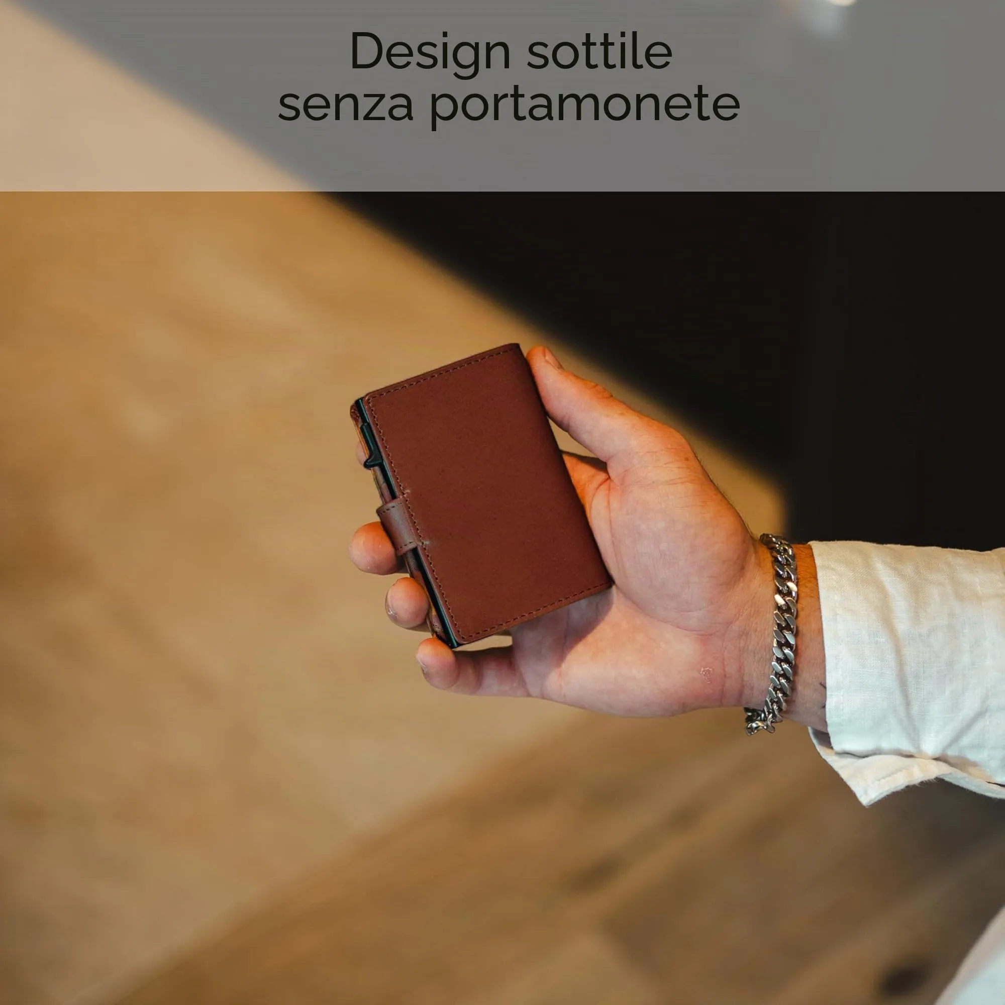 Baur Slim Wallet in vera pelle – portafoglio con pop-up in alluminio & protezione RFID – piccolo portafoglio da uomo senza portamonete – smart wallet (Senza portamonete, Pelle di bufalo marrone scuro) - immagine 4