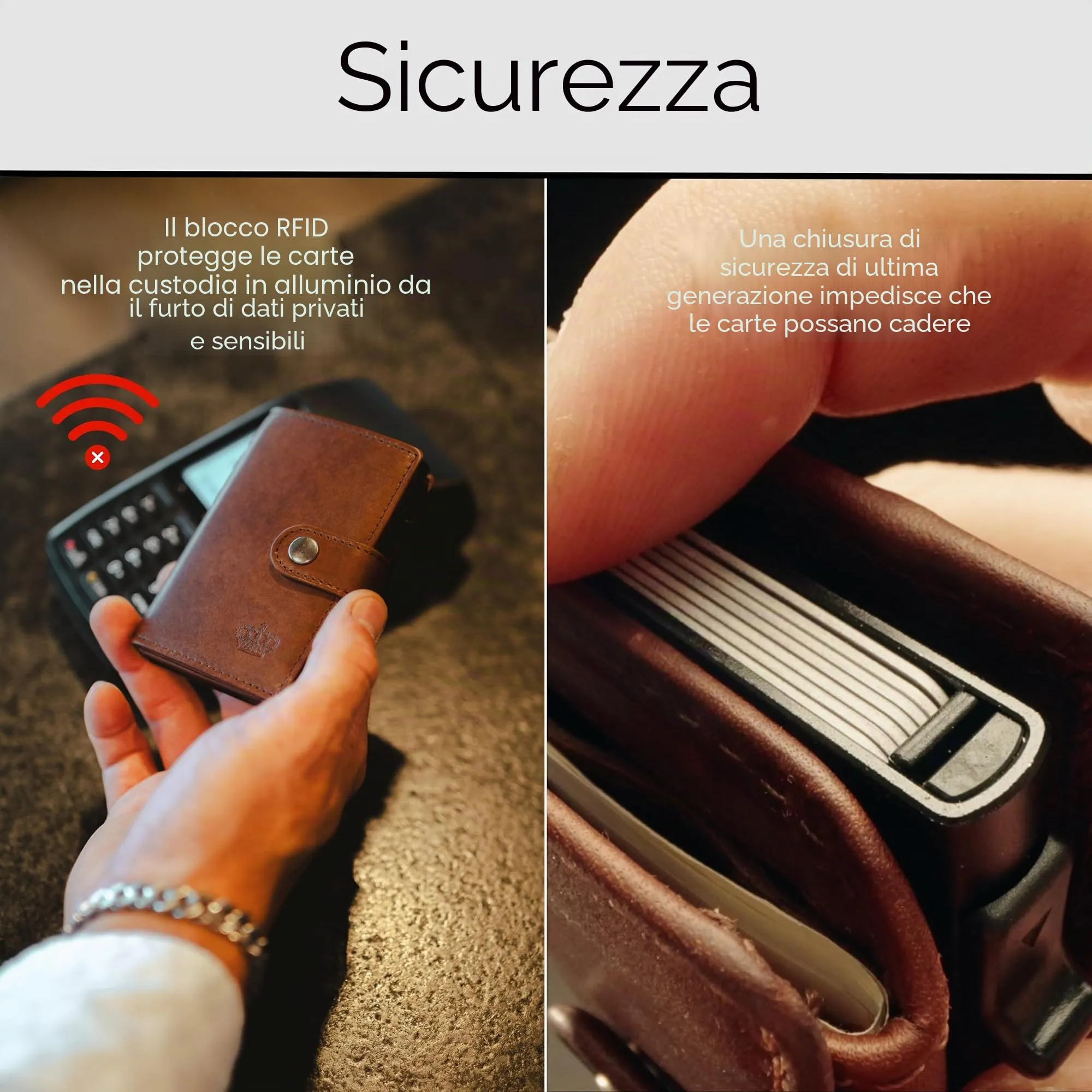 Baur Slim Wallet in vera pelle – portafoglio con pop-up in alluminio & protezione RFID – piccolo portafoglio da uomo senza portamonete – smart wallet (Senza portamonete, Pelle di bufalo marrone scuro) - immagine 5