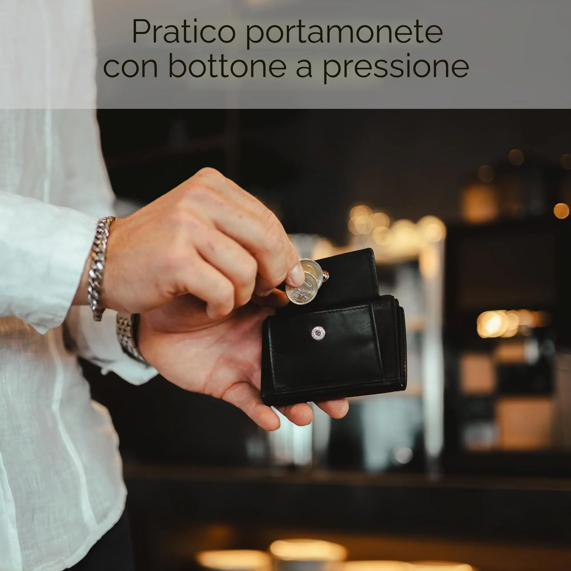 Baur Slim Wallet in vera pelle – portafoglio pop-up alluminio & protezione RFID – piccolo portafoglio da uomo con portamonete – smart wallet (Portamonete con bottone a pressione, nero) - immagine 4