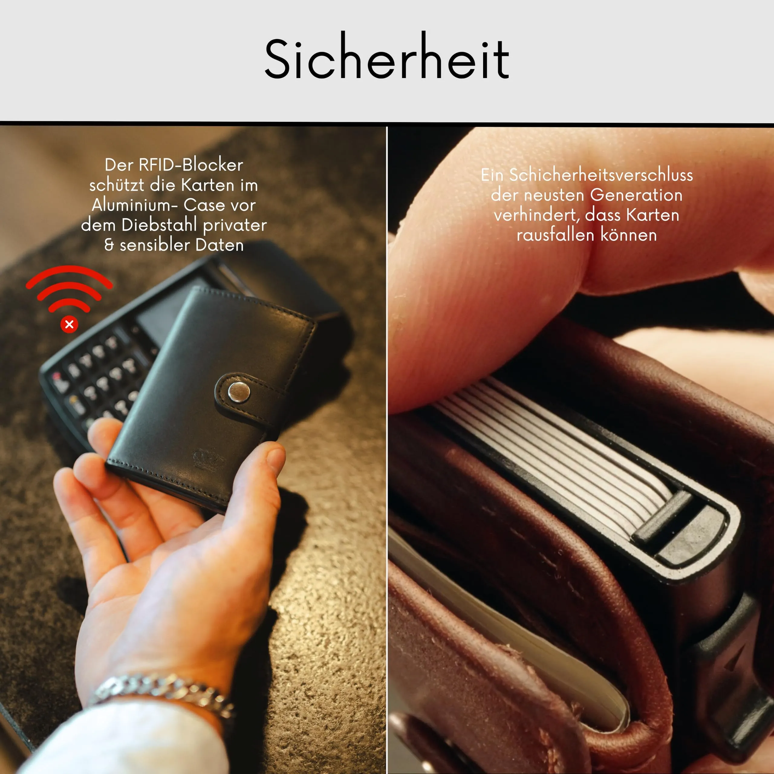 Baur Slim Wallet in vera pelle – portafoglio pop-up alluminio & protezione RFID – piccolo portafoglio da uomo con portamonete – smart wallet (Portamonete con bottone a pressione, nero) - immagine 5