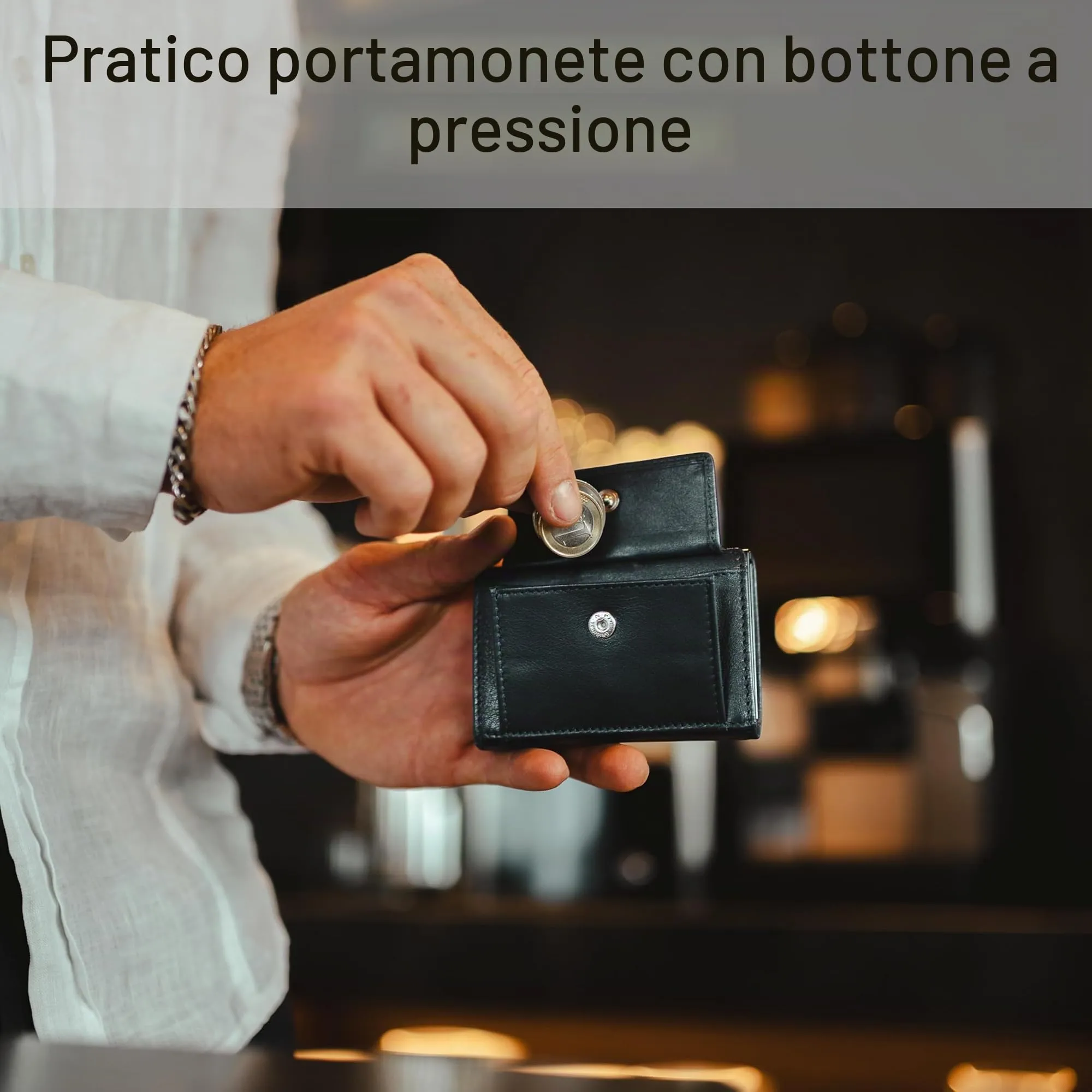 Baur Slim Wallet in vera pelle – portafoglio pop-up alluminio & protezione RFID – piccolo portafoglio da uomo con portamonete – smart wallet (Portamonete con bottone a pressione, blu scuro) - immagine 4