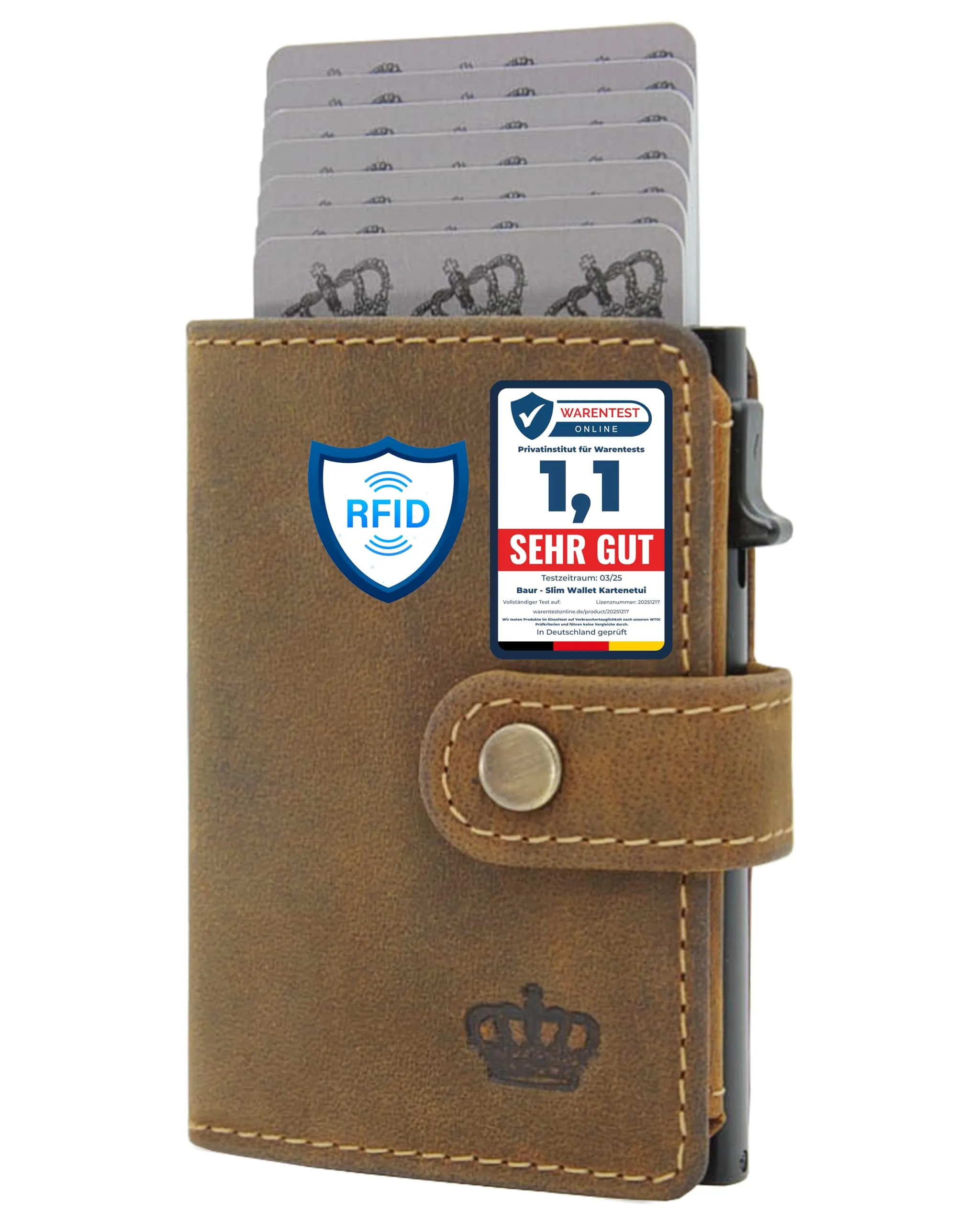Baur Slim Wallet in vera pelle – portafoglio pop-up alluminio & protezione RFID – piccolo portafoglio da uomo con portamonete – smart wallet (Portamonete con cerniera, Pelle di bufalo marrone) - immagine 1