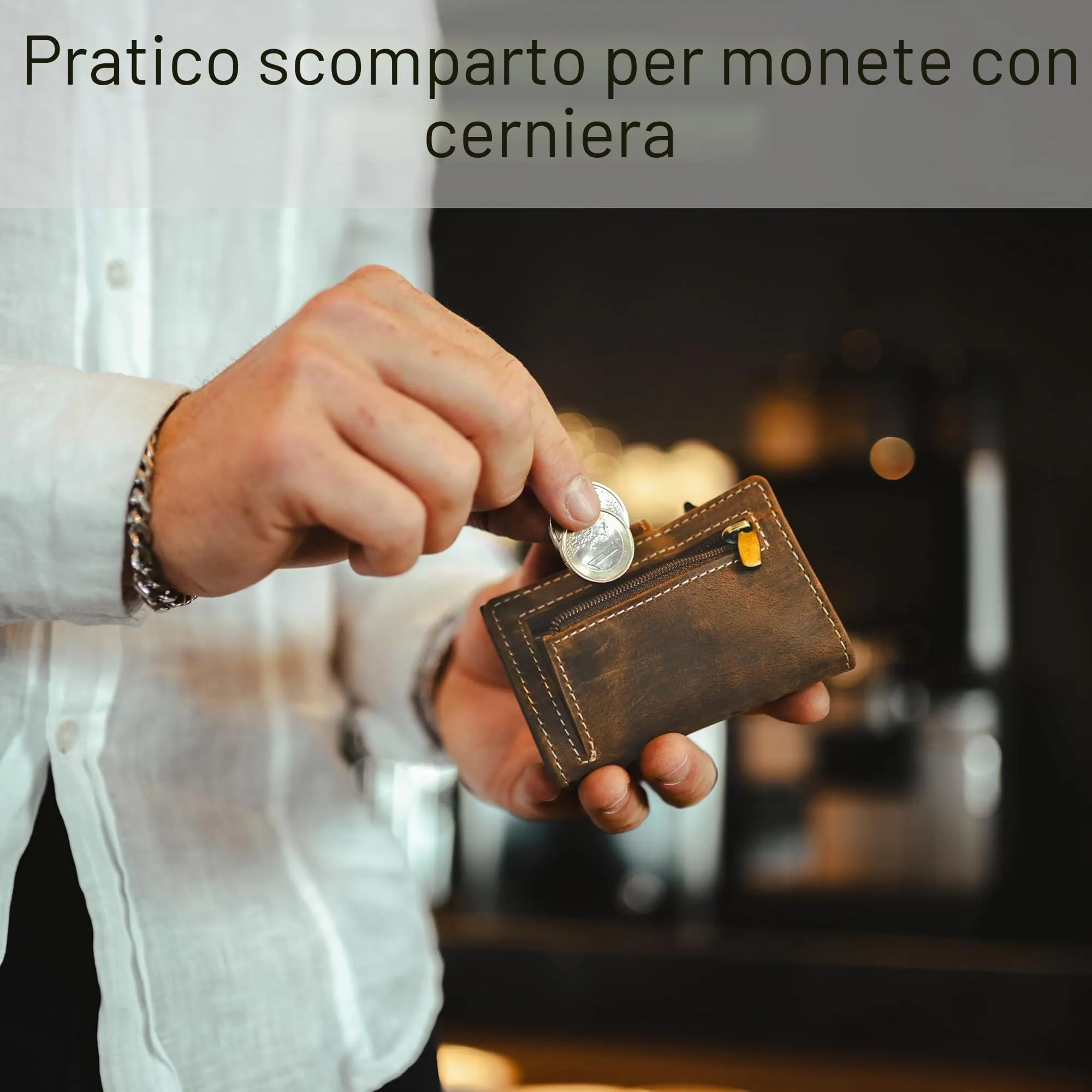 Baur Slim Wallet in vera pelle – portafoglio pop-up alluminio & protezione RFID – piccolo portafoglio da uomo con portamonete – smart wallet (Portamonete con cerniera, Pelle di bufalo marrone) - immagine 4