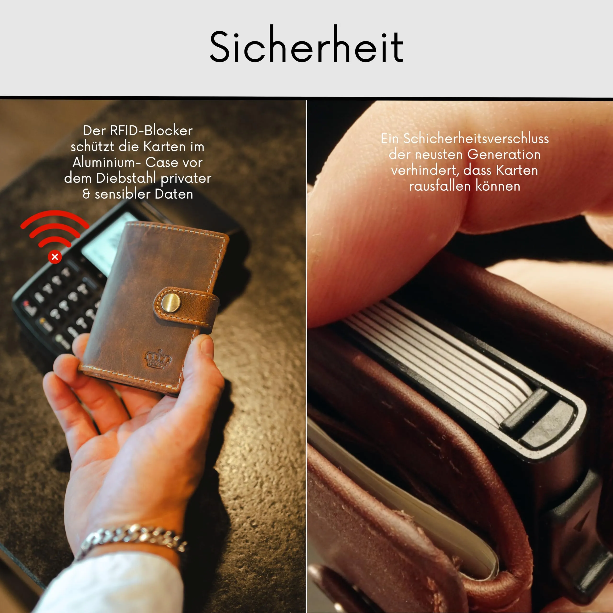 Baur Slim Wallet in vera pelle – portafoglio pop-up alluminio & protezione RFID – piccolo portafoglio da uomo con portamonete – smart wallet (Portamonete con cerniera, Pelle di bufalo marrone) - immagine 5