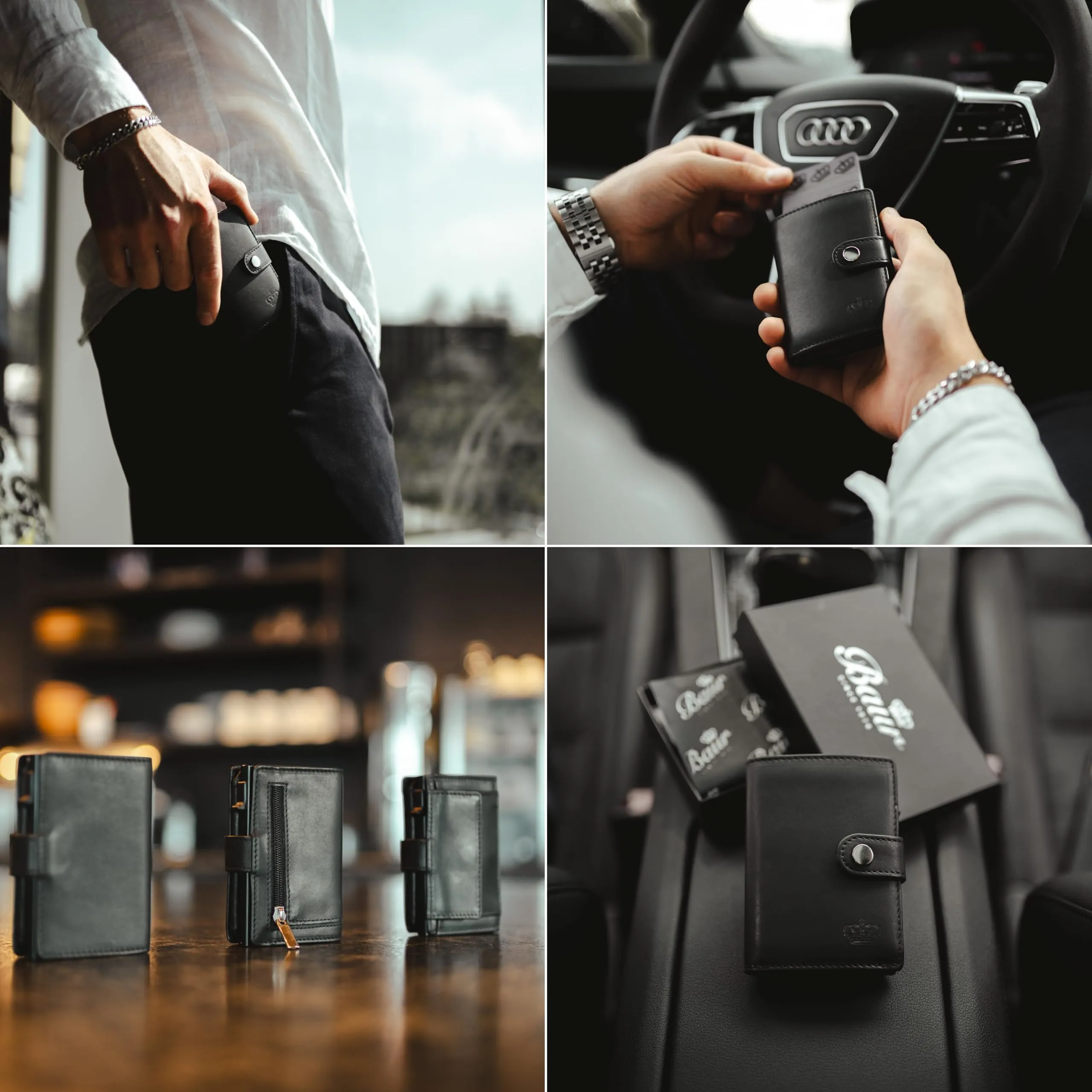 Baur Slim Wallet in vera pelle – portafoglio con custodia pop-up in alluminio & protezione RFID – piccolo portafoglio da uomo con portamonete – smart wallet (Portamonete con cerniera, nero) - immagine 3